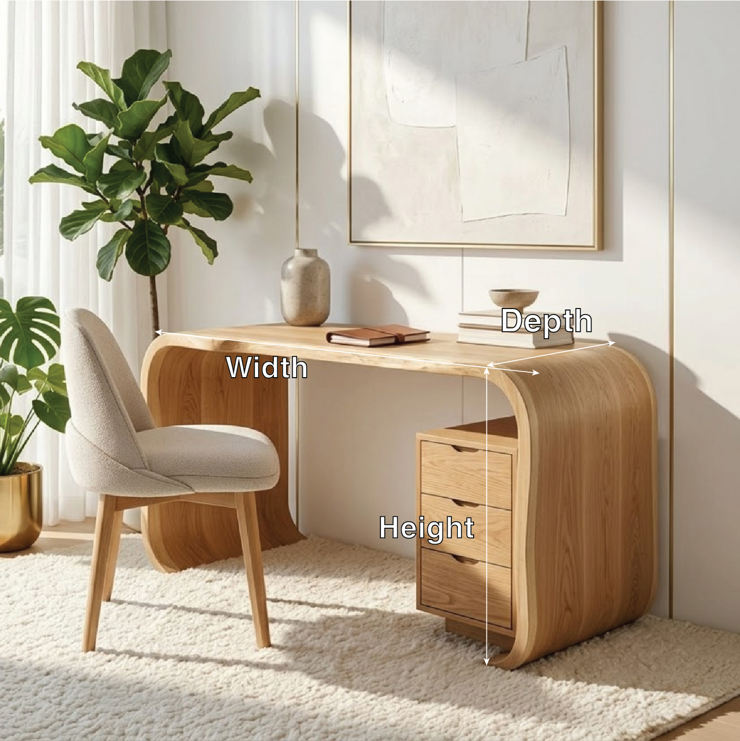 Curved Writing Desk with Drawer Storage Modern Home Office Table Minimal Workstation