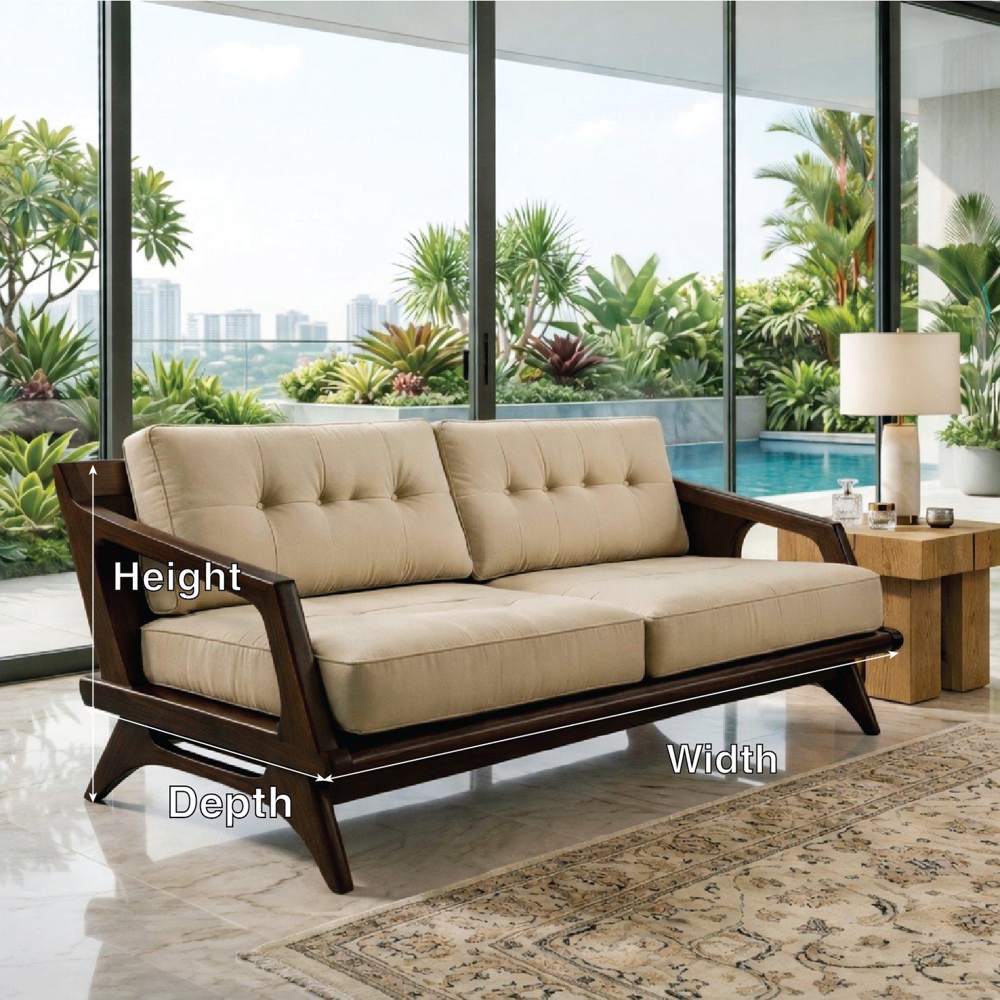 Mid Century Solid Wood Sofa with Beige Tufted Cushions Modern Loveseat Couch