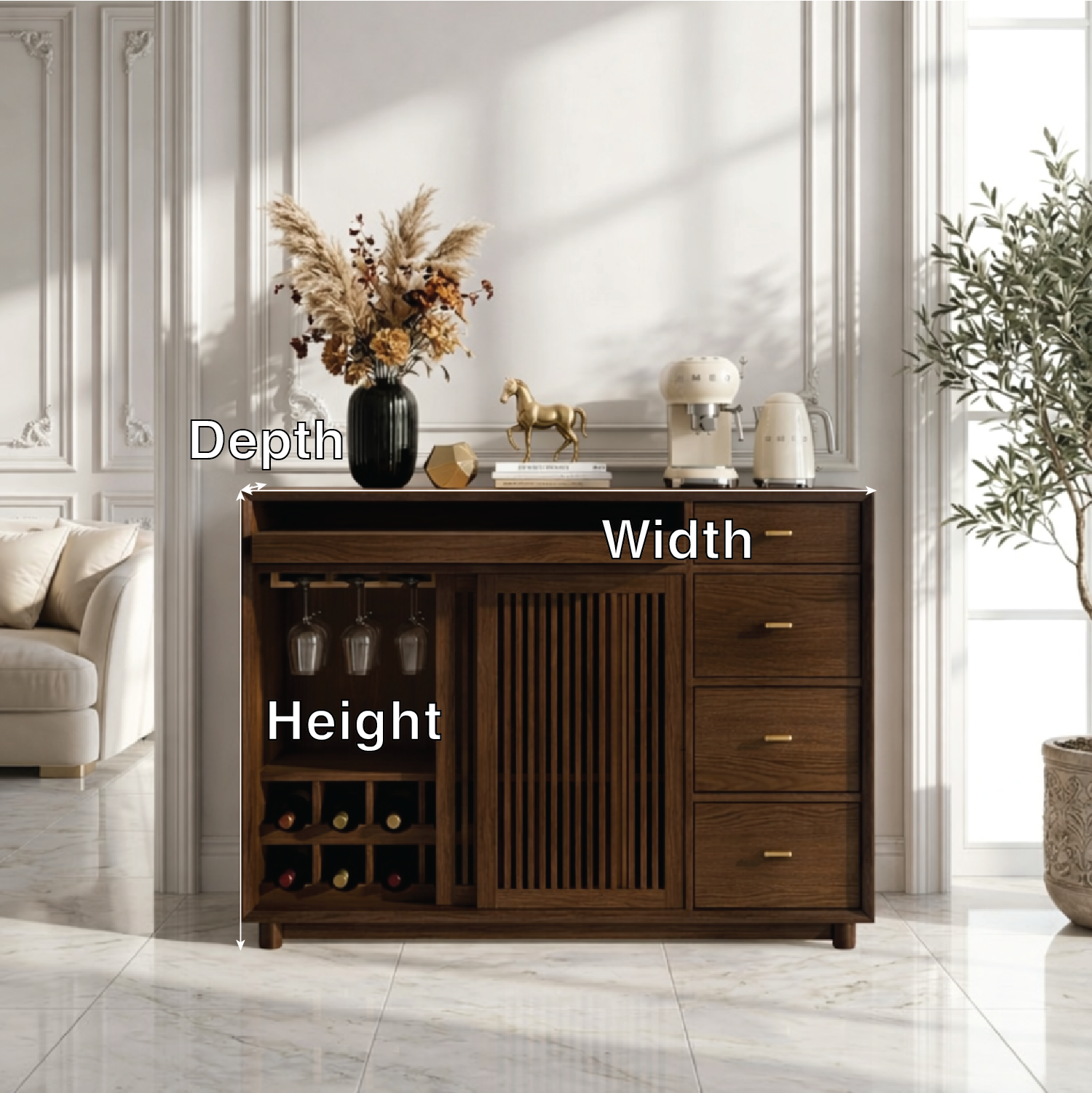 Contemporary Wooden Bar Cabinet, Coffee Station Sideboard with Wine Storage Drawers
