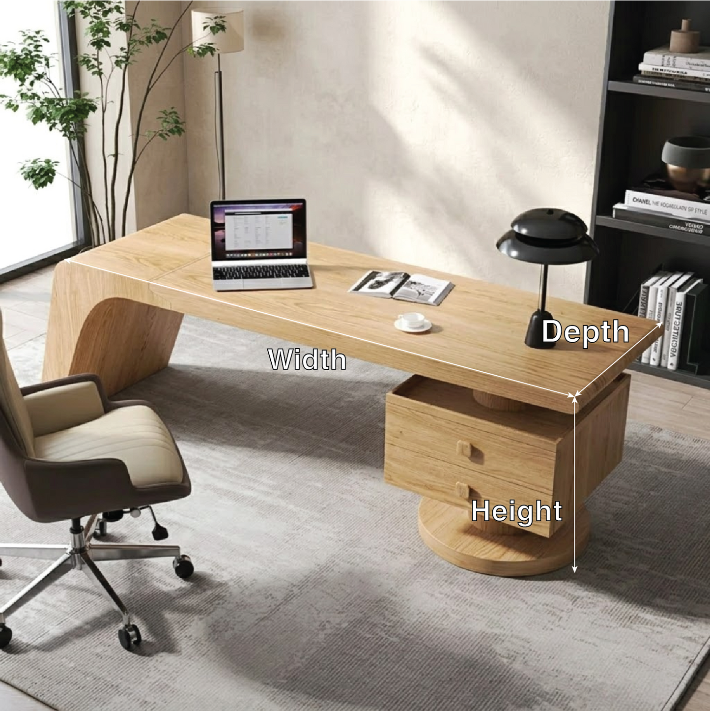 Modern Executive Desk with Curved Base and Drawers, Minimalist Office Writing Table