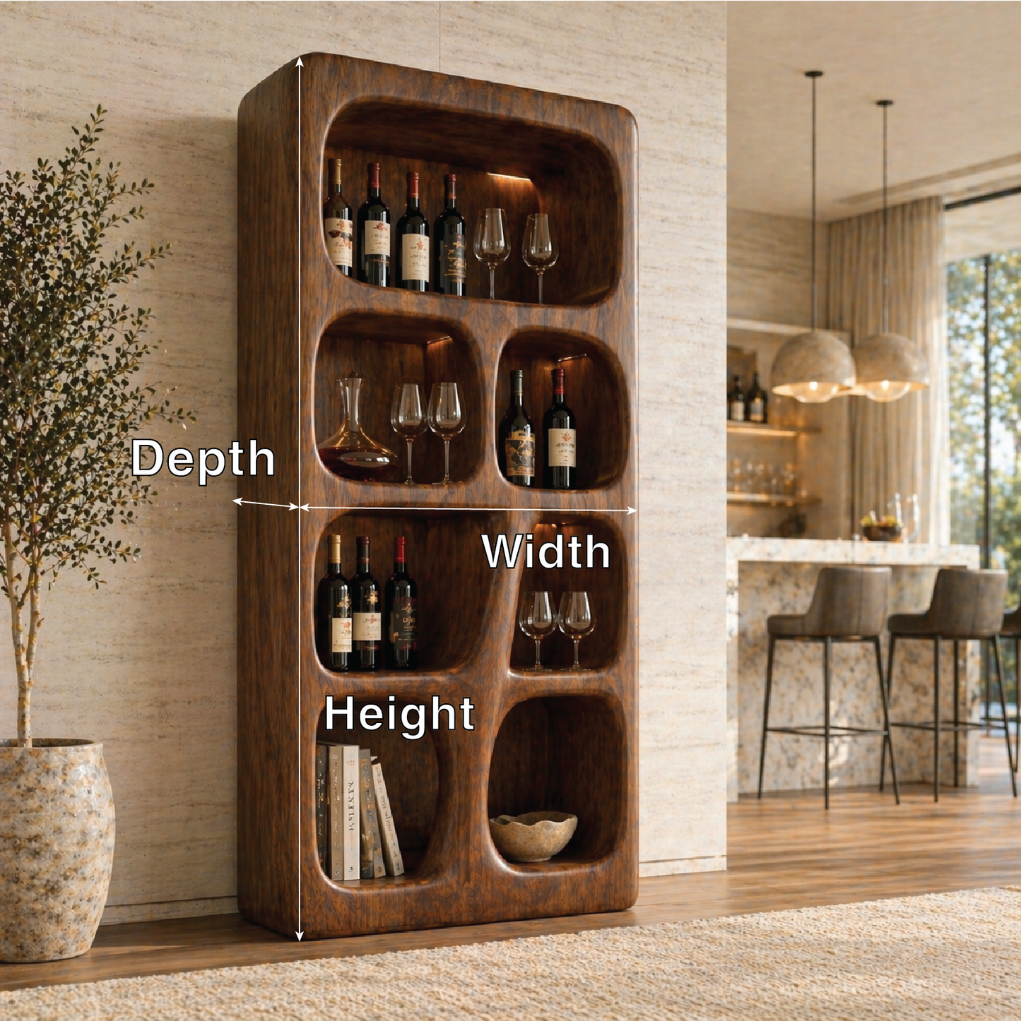 Sculptural Tall Wine Cabinet Freestanding Bar Display Shelves Modern Storage Unit