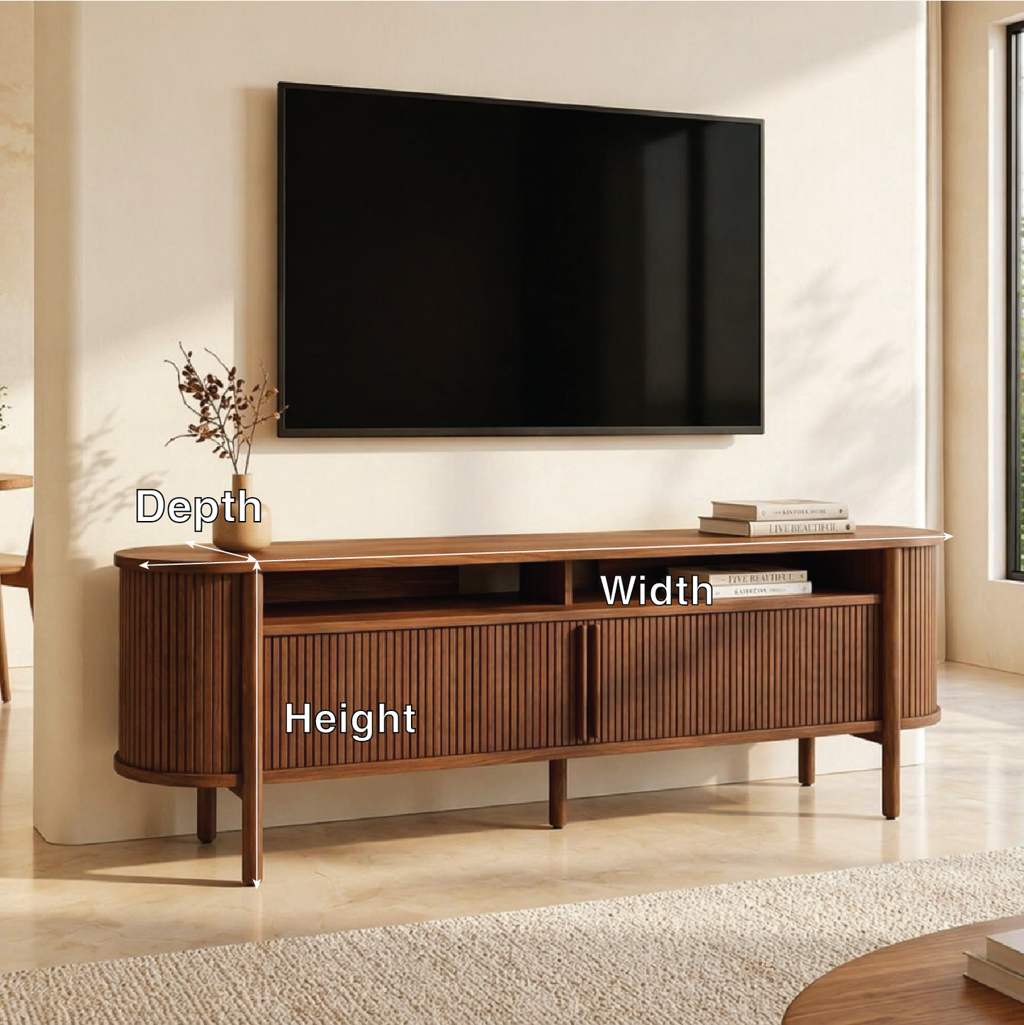 Modern Fluted TV Console, Rounded Media Cabinet for Refined Living-Room Interiors