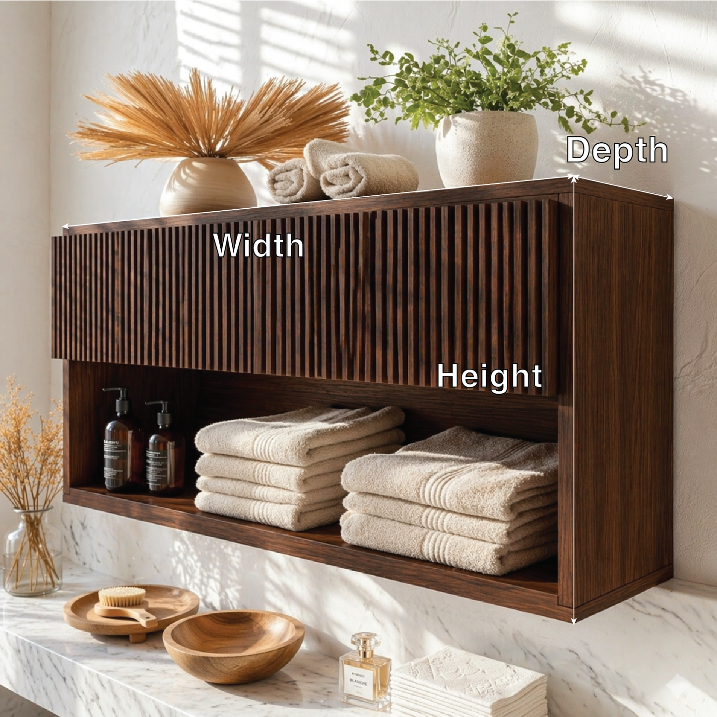 Floating Bathroom Cabinet, Modern Slatted Wall Mounted Vanity Storage Shelf Organizer