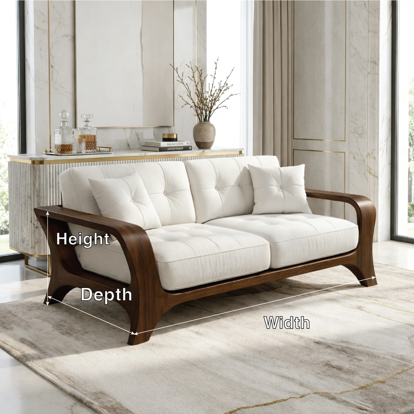 Luxury Curved Solid Wood Sofa with White Tufted Cushions Modern Designer Couch