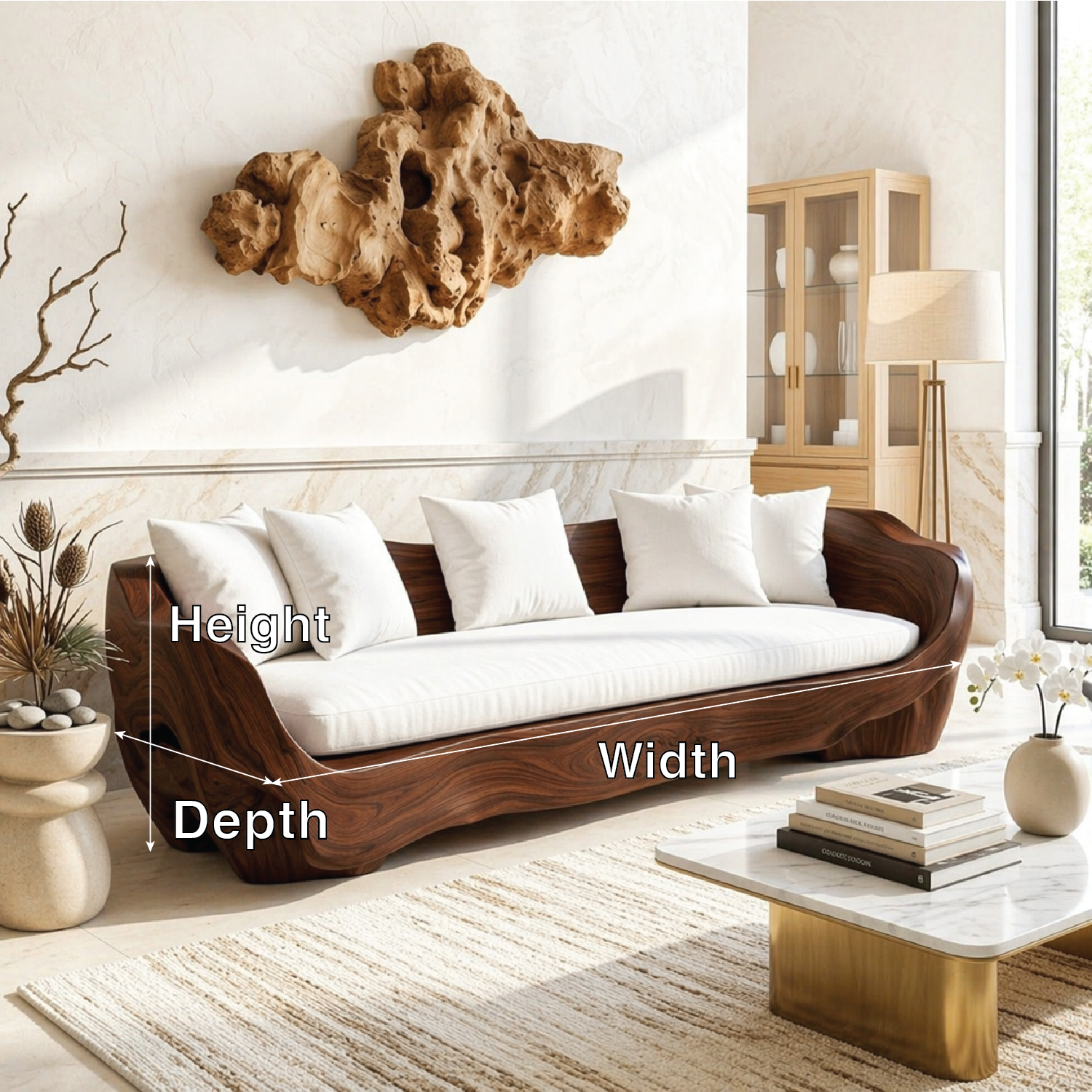 Organic Curved Wooden Sofa, Sculptural Statement Couch with Plush White Cushions