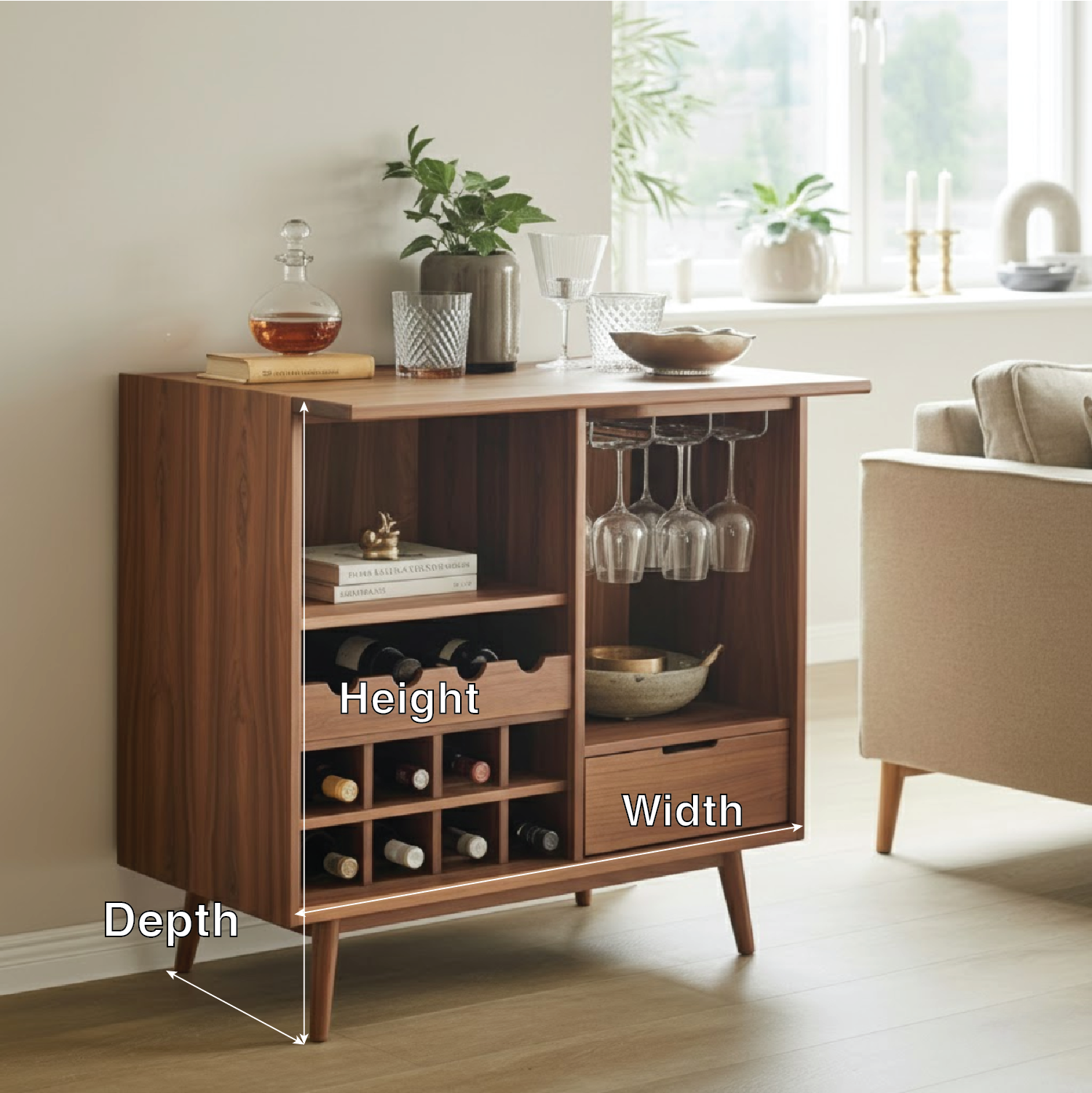 Handcrafted Solid Wood Wine Cabinet Compact Bar Storage with Glass Holder Mid Century Style