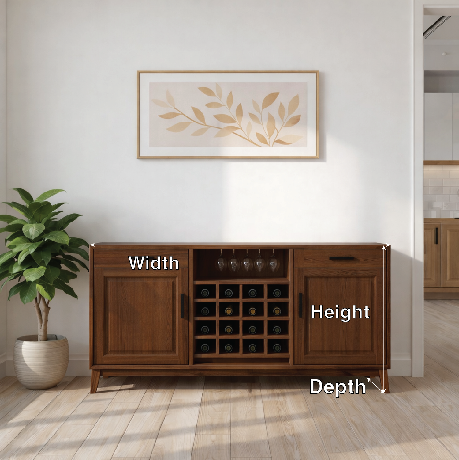 Mid Century Solid Wood Wine Cabinet with Bottle Rack and Glass Storage Sideboard