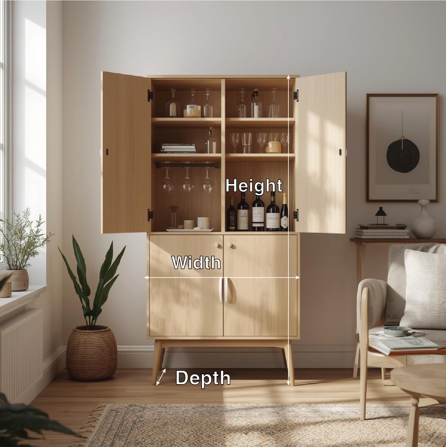 Handcrafted Solid Wood Wine Cabinet Scandinavian Style Bar Storage with Glass Rack