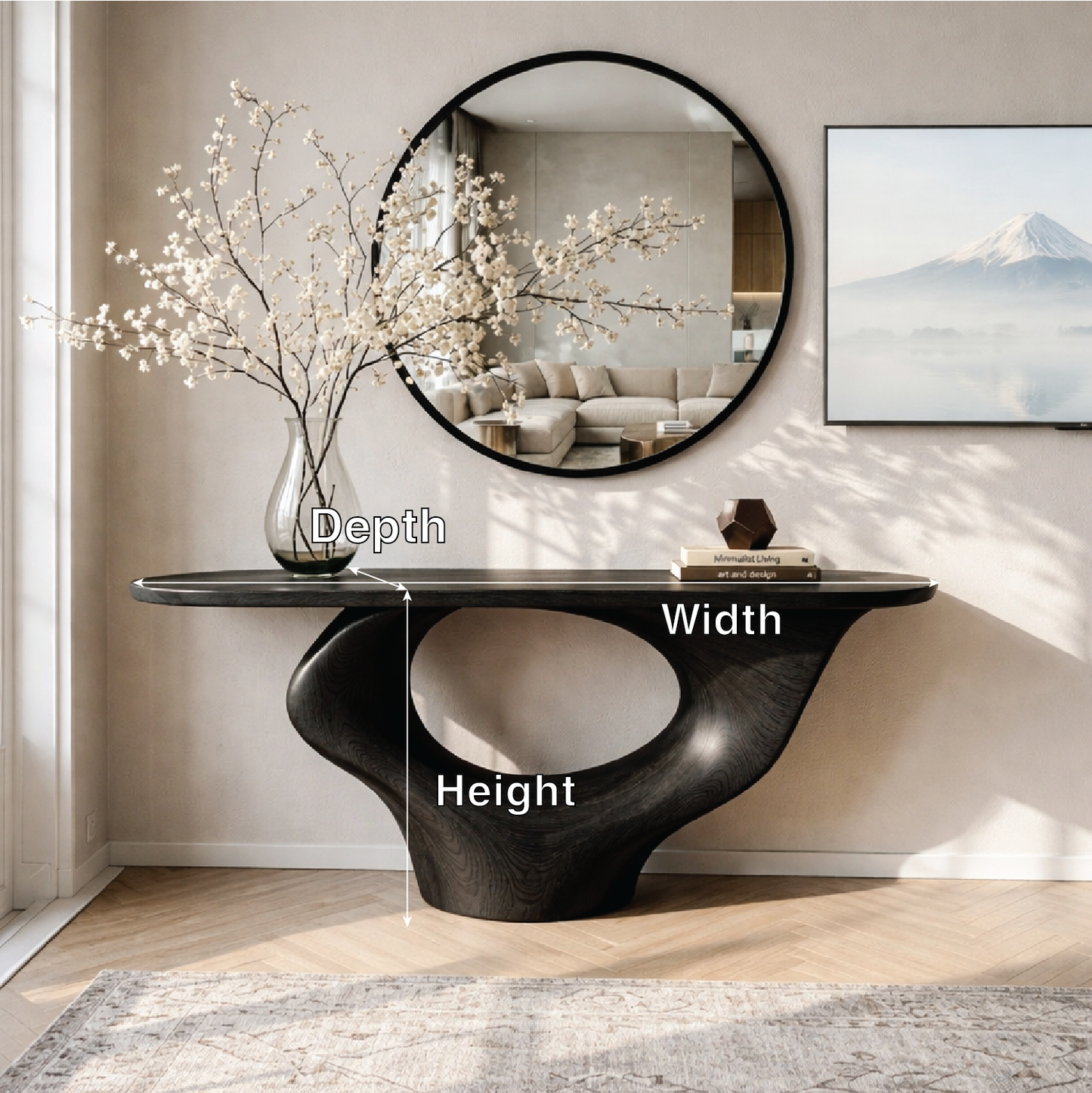 Solid Wood Console Table with Sculptural Base, Modern Minimalist Design