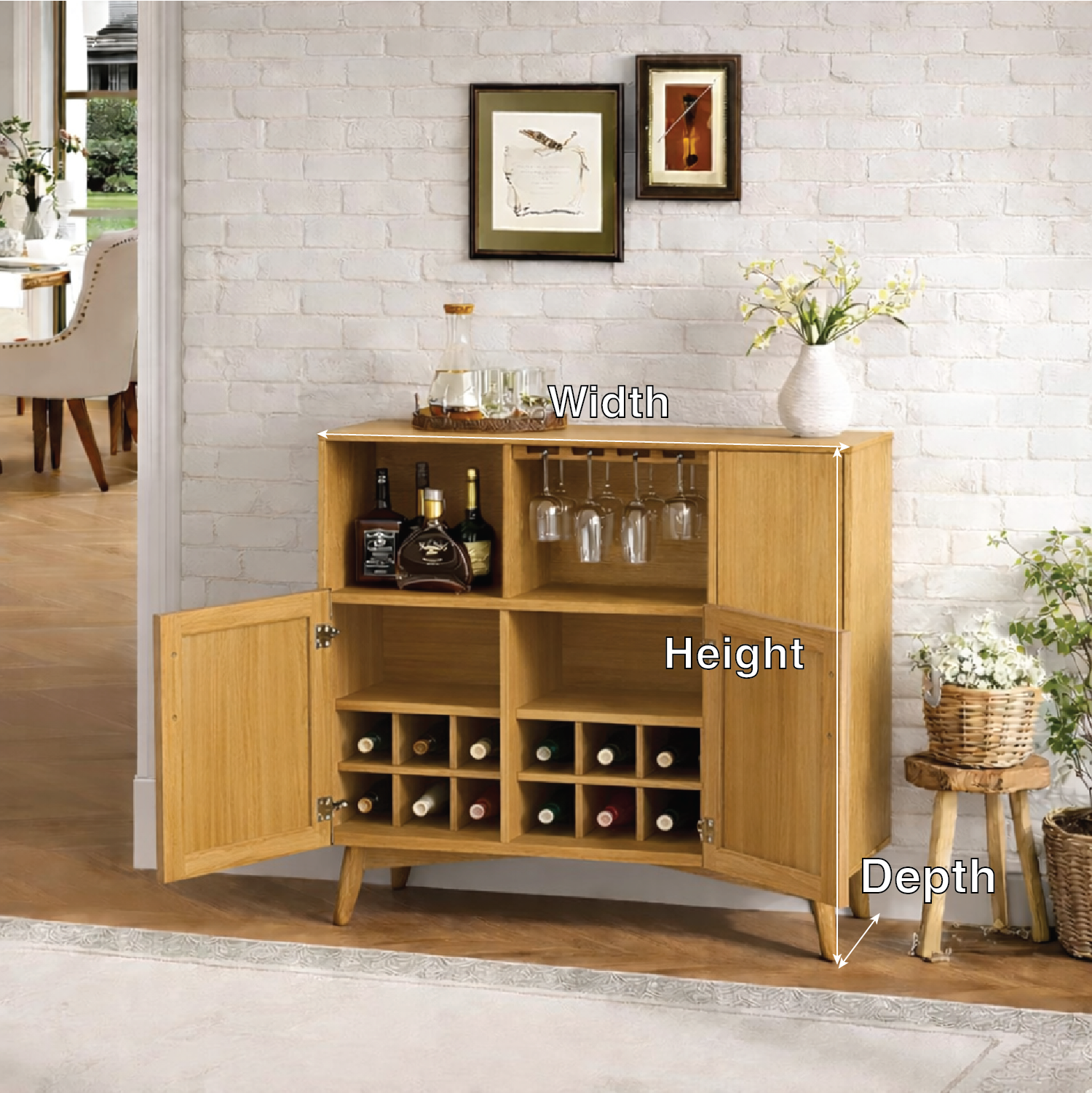 Handcrafted Solid Oak Wine Cabinet Scandinavian Bar Sideboard with Glass Rack Storage Display