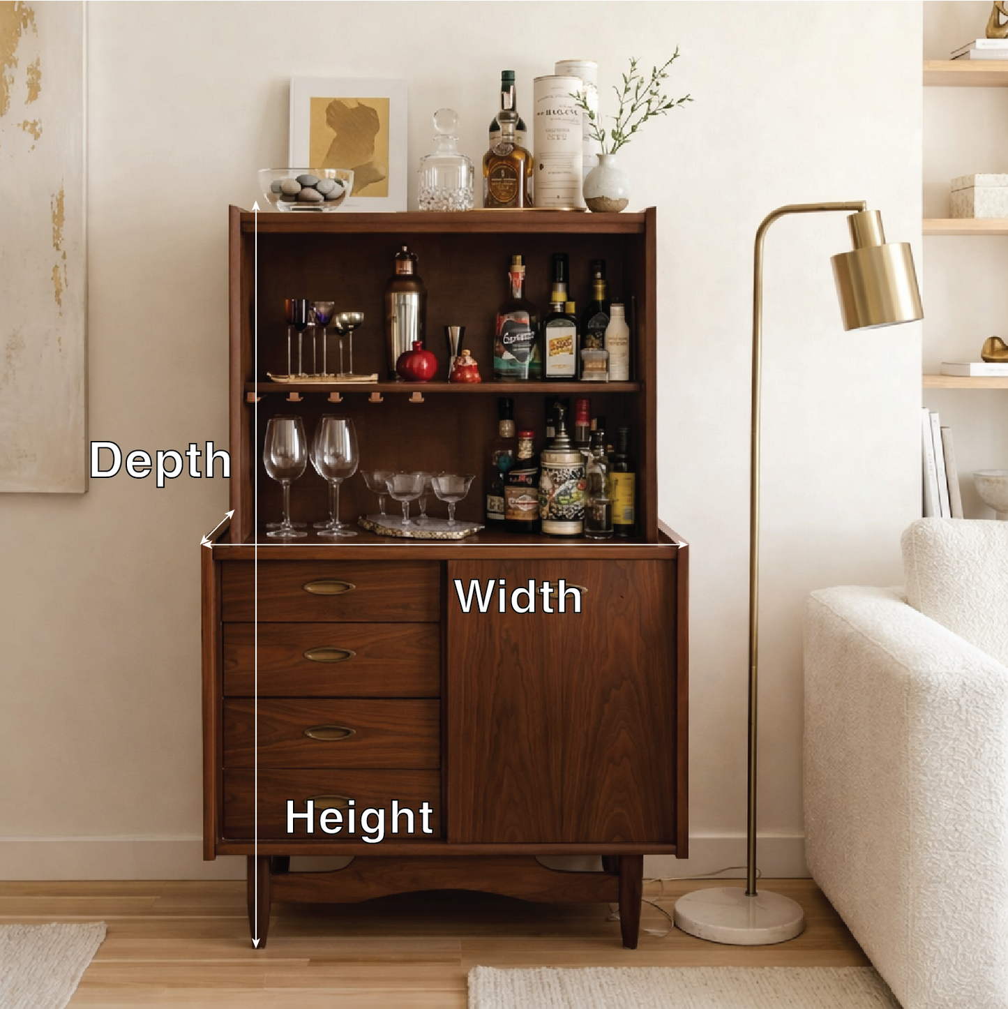 Contemporary Wooden Bar Cabinet with Drawers, Entertaining Storage and Display Shelf