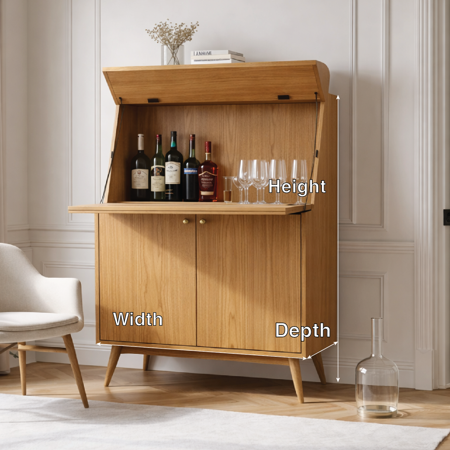Handcrafted Solid Wood Wine Cabinet with Drop Down Bar and Storage