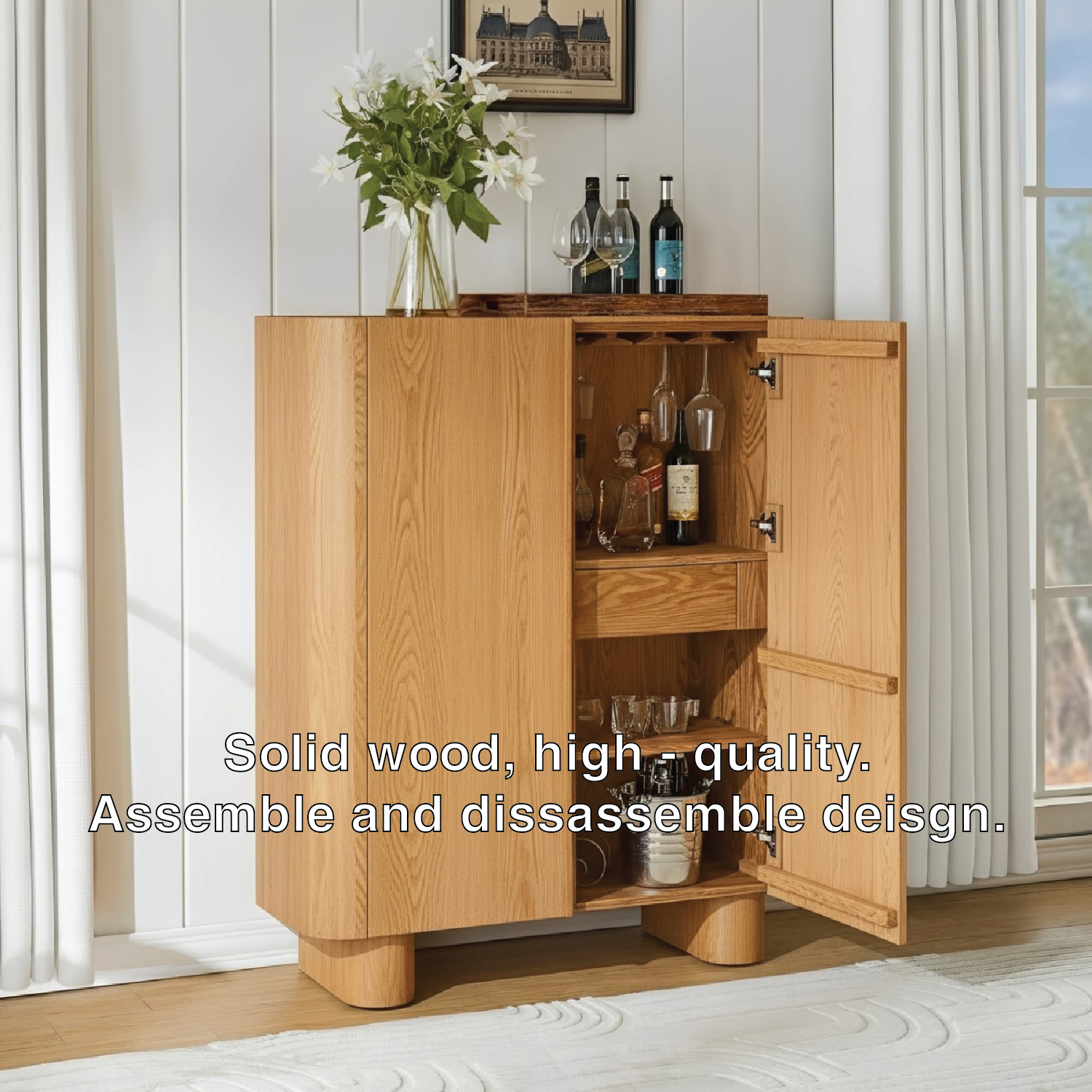 Handcrafted Solid Wood Wine Cabinet Minimal Oak Bar Storage with Hidden Shelves Scandinavian