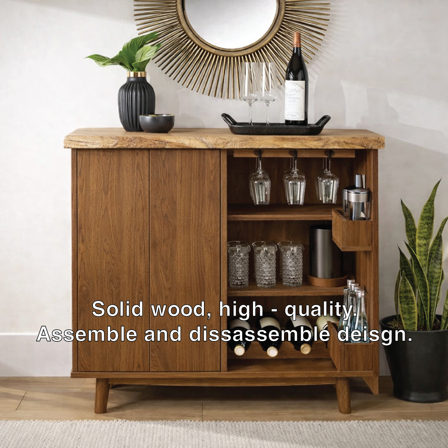 Solid Wood Wine Cabinet with Glass Holder and Home Bar Storage