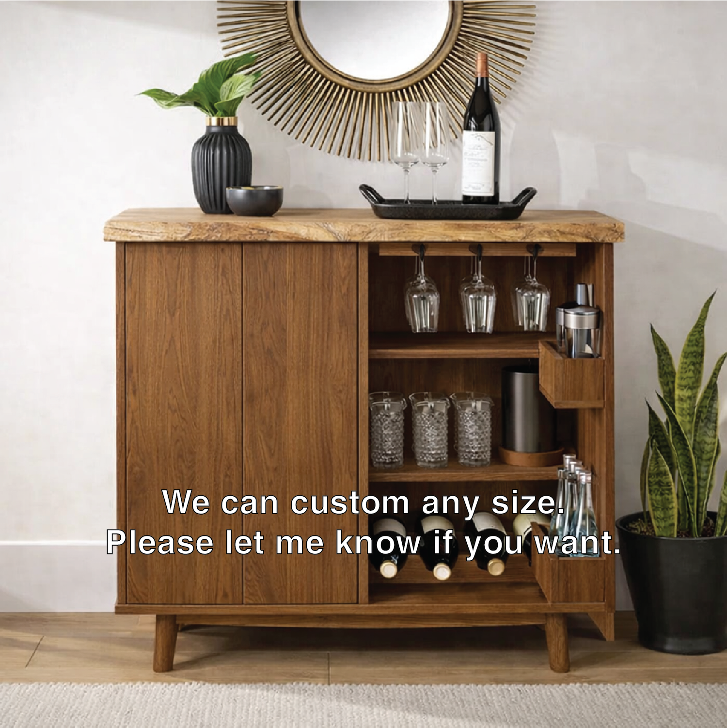 Solid Wood Wine Cabinet with Glass Holder and Home Bar Storage