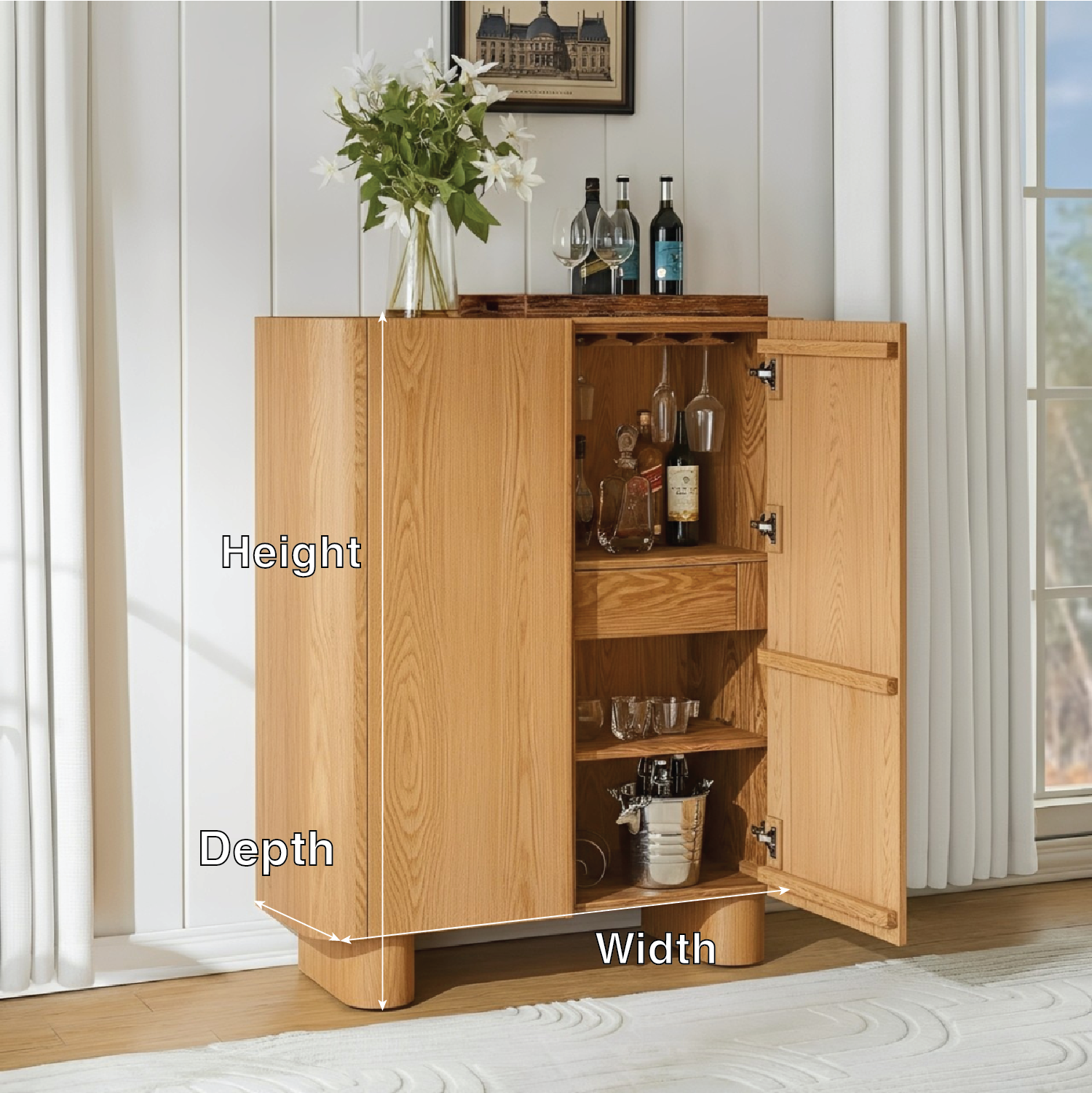 Handcrafted Solid Wood Wine Cabinet Minimal Oak Bar Storage with Hidden Shelves Scandinavian