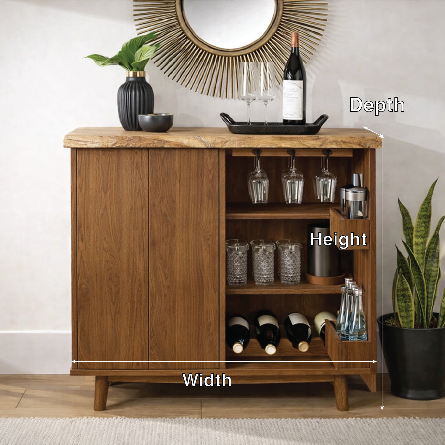 Solid Wood Wine Cabinet with Glass Holder and Home Bar Storage