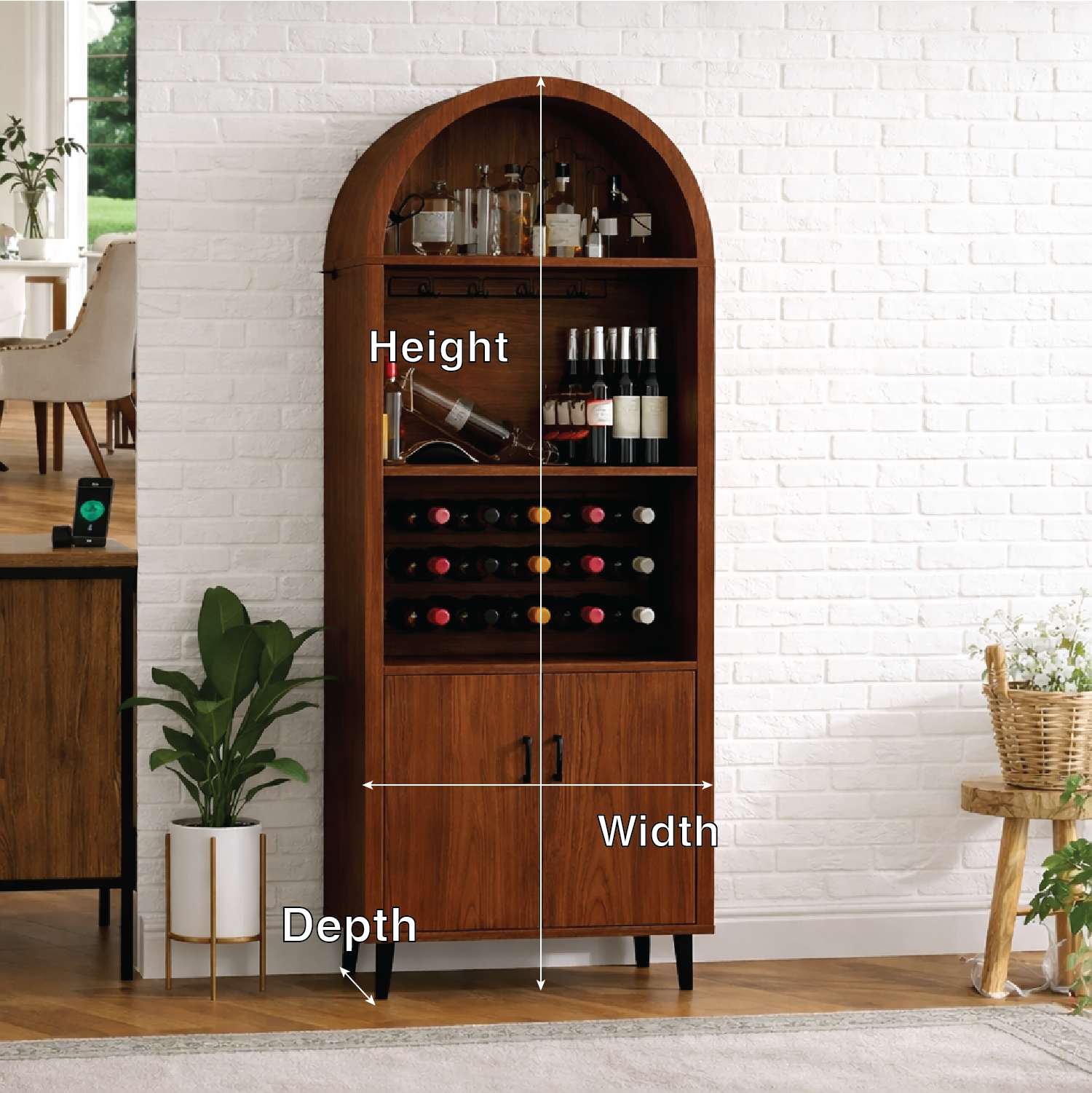 Handcrafted Solid Oak Arched Wine Cabinet Scandinavian Bar Storage with Bottle Display