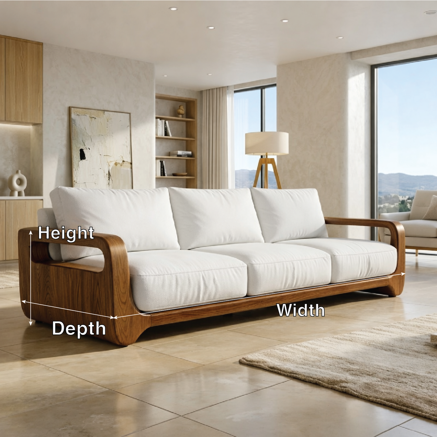 Modern Solid Wood Sofa with White Fabric Cushions Minimalist Japandi Living Couch