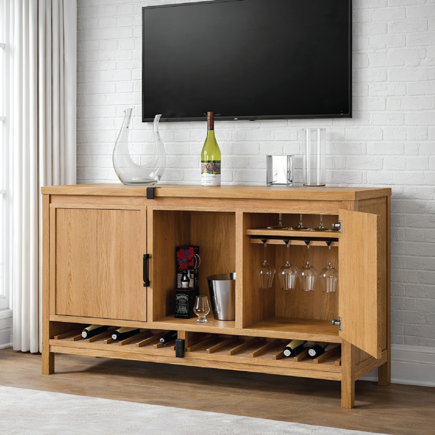 Handcrafted Solid Wood Wine Cabinet Oak Bar Sideboard with Glass Rack and Bottle Storage