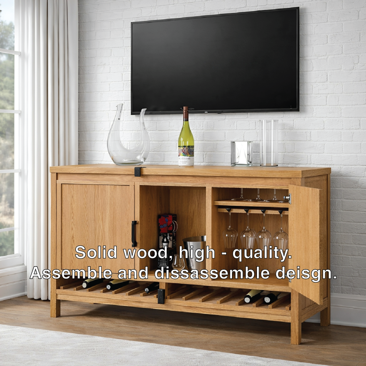 Handcrafted Solid Wood Wine Cabinet Oak Bar Sideboard with Glass Rack and Bottle Storage