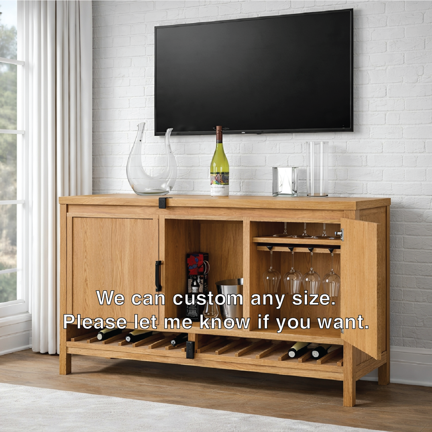 Handcrafted Solid Wood Wine Cabinet Oak Bar Sideboard with Glass Rack and Bottle Storage