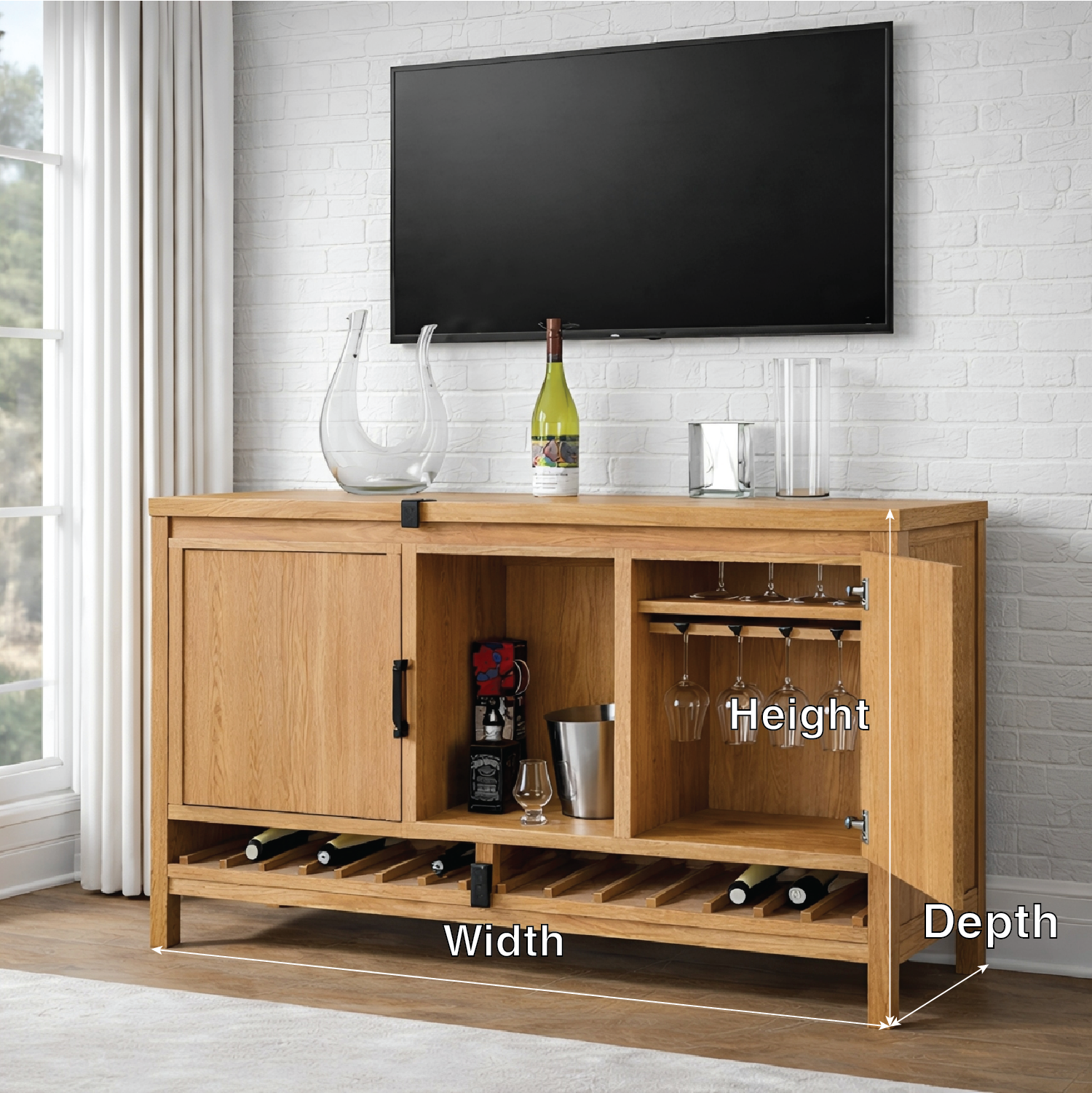 Handcrafted Solid Wood Wine Cabinet Oak Bar Sideboard with Glass Rack and Bottle Storage