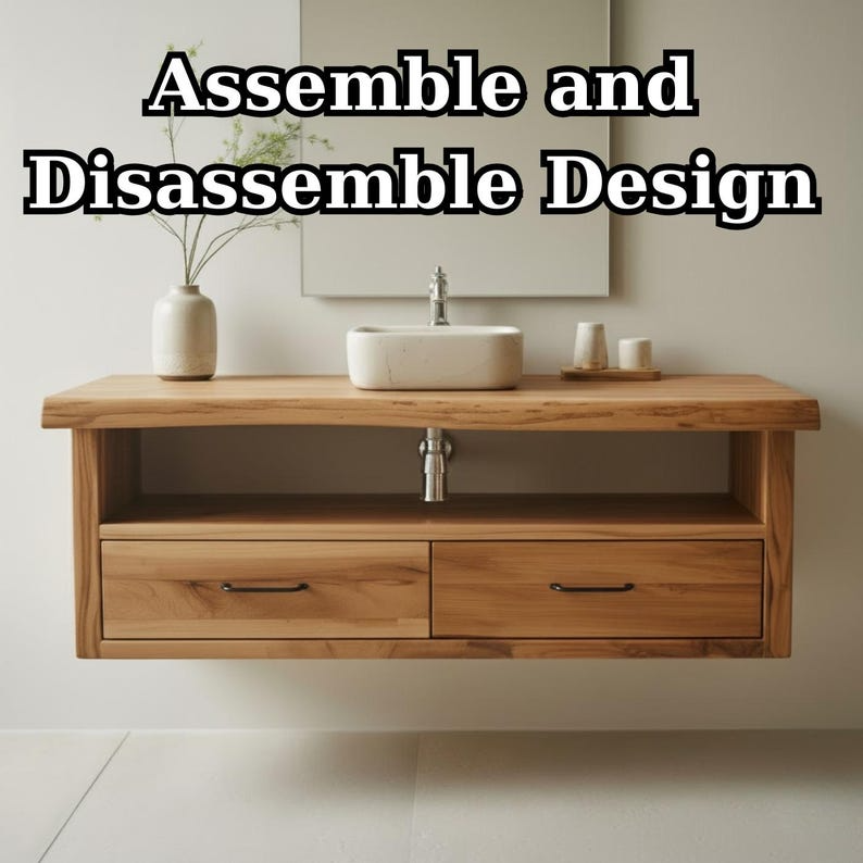 Handcrafted Solid Wood Floating Vanity, Organic Live Edge Two-Tier Console Kitchnce