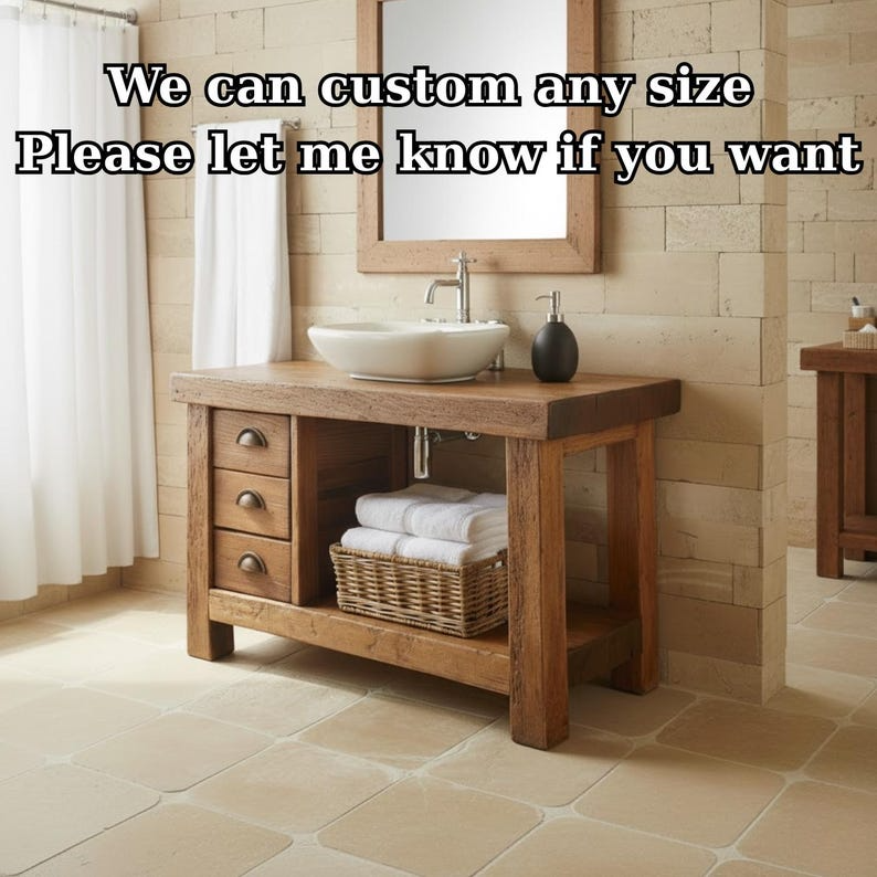 Handcrafted Solid Wood Bathroom Vanity, Rustic Console with 3 Drawers & Shelf Kitchnce