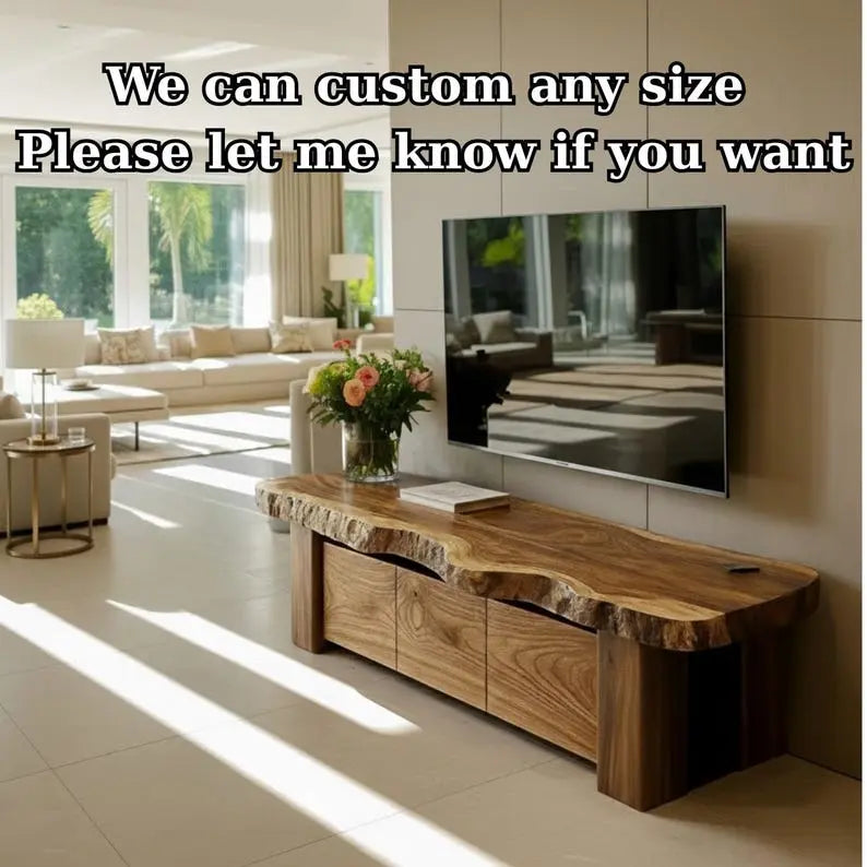 Handcrafted Solid Wood TV Stand, Rustic Live Edge Media Console with 3 Drawers Kitchnce