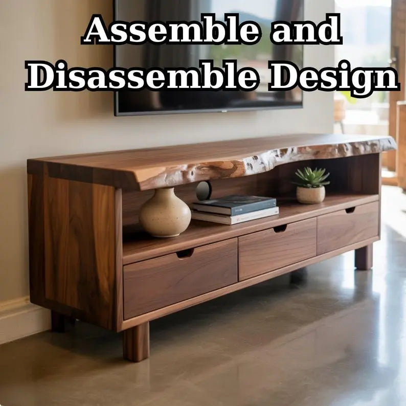 Handcrafted Solid Wood TV Stand, Modern Live Edge Media Console with Storage Legs Kitchnce