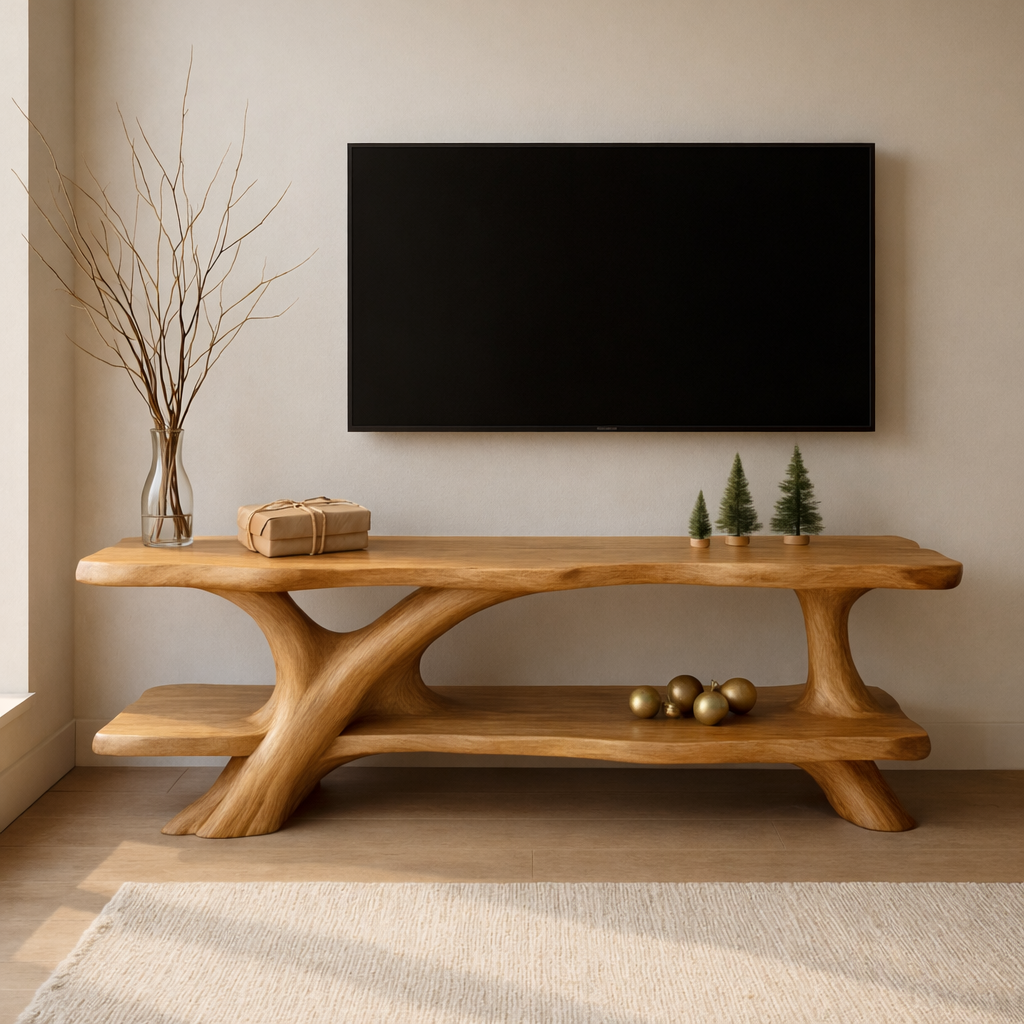 Sculptural Solid Wood TV Console with Open Shelf – Natural Live Edge Media Stand