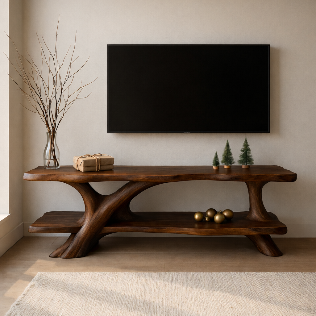 Sculptural Solid Wood TV Console with Open Shelf – Natural Live Edge Media Stand