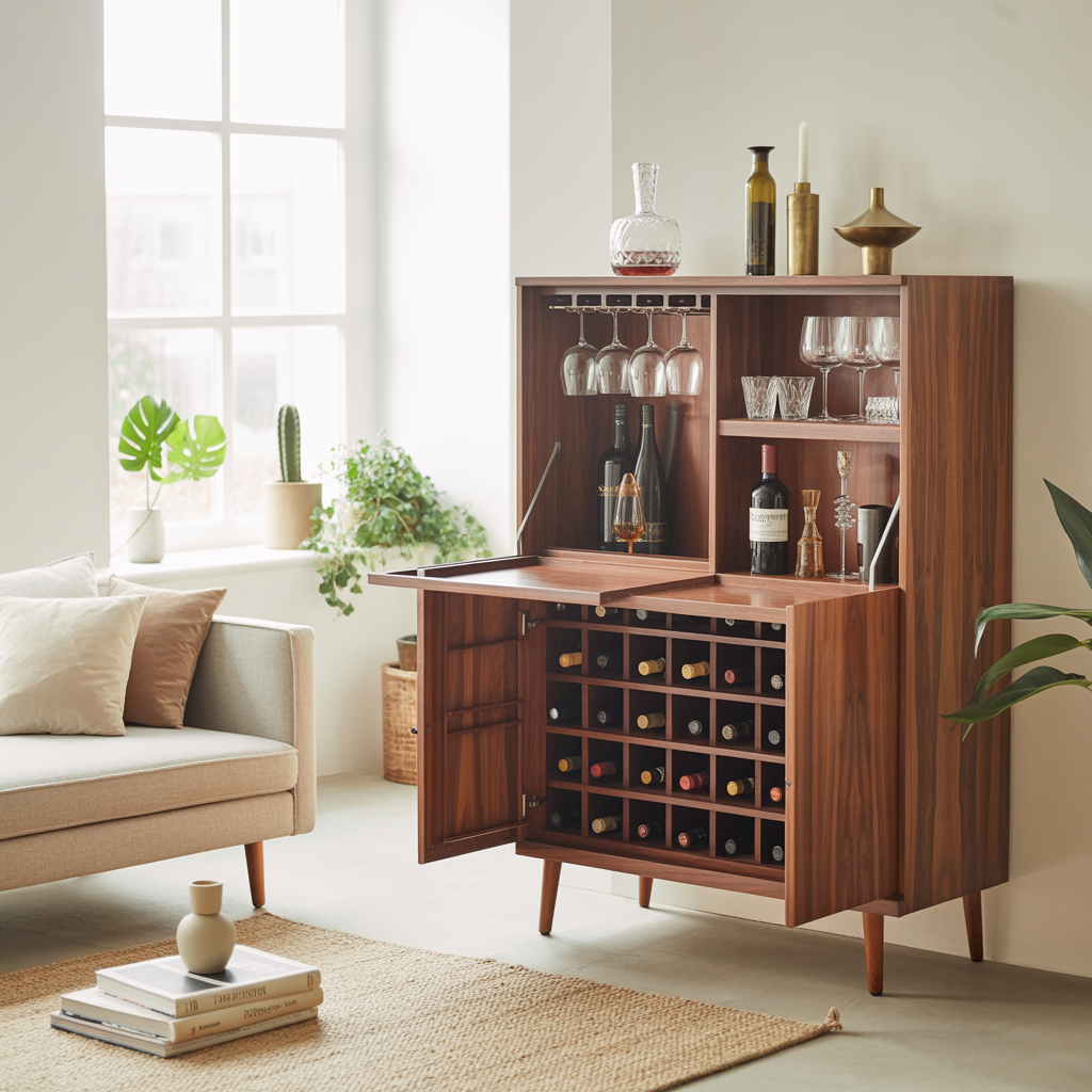 Handcrafted Solid Wood Wine Cabinet Mid Century Modern Bar Storage with Glass Holder Home Furniture