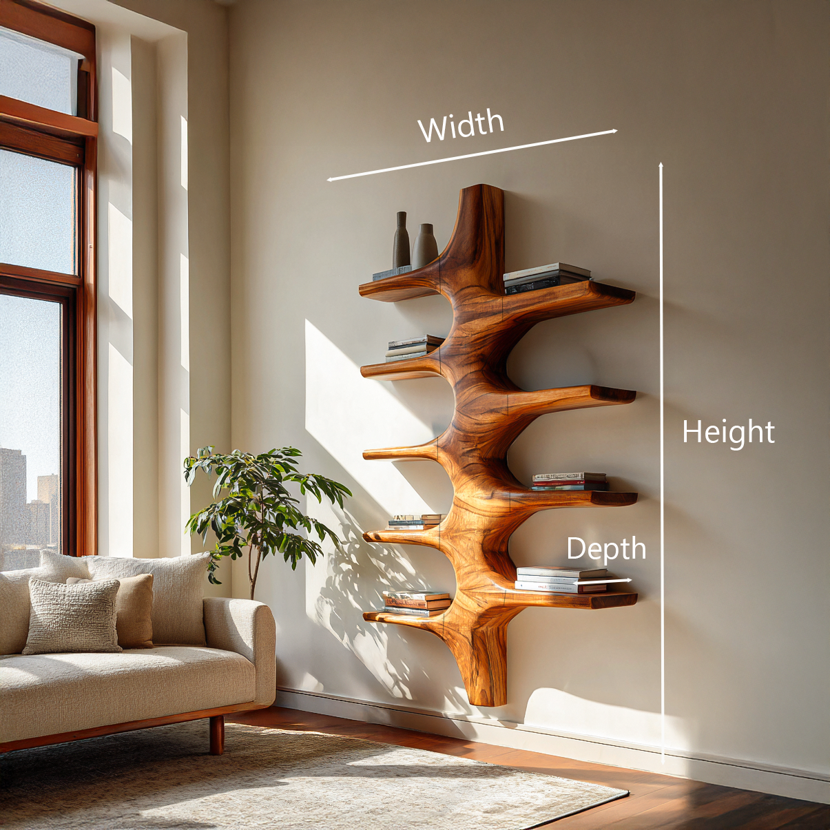 Sculptural Wood Wall Mounted Bookshelf For Modern Living Room Kitchnce