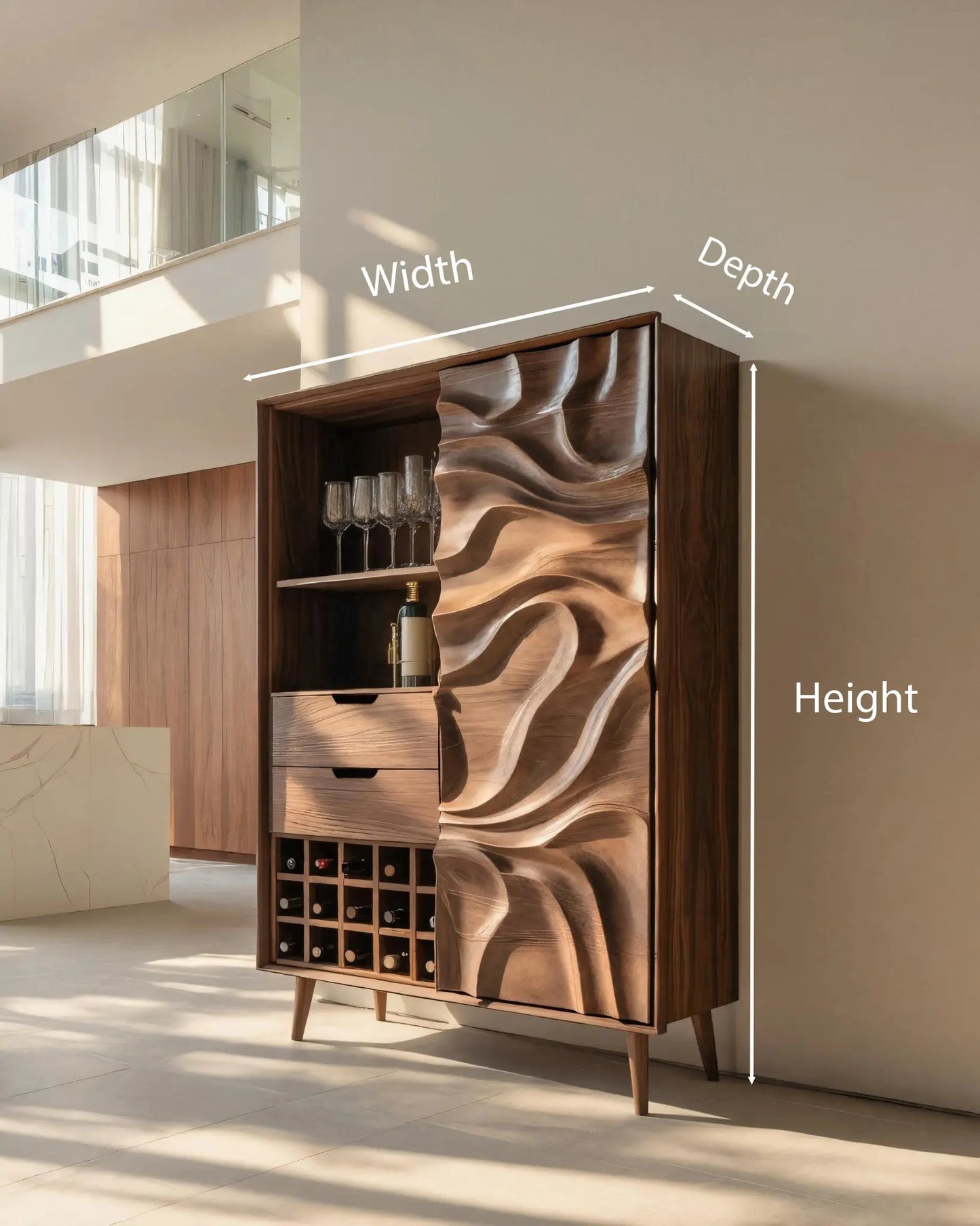 Sculptural Bar Cabinet With Wave Carved Doors For Kitchen Kitchnce
