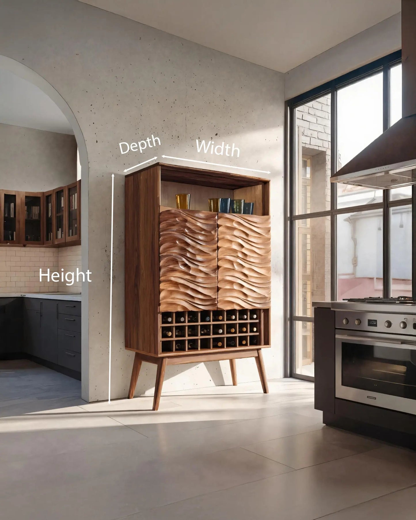 Modern Wine Cabinet With Wave Carved Doors For Kitchen Kitchnce