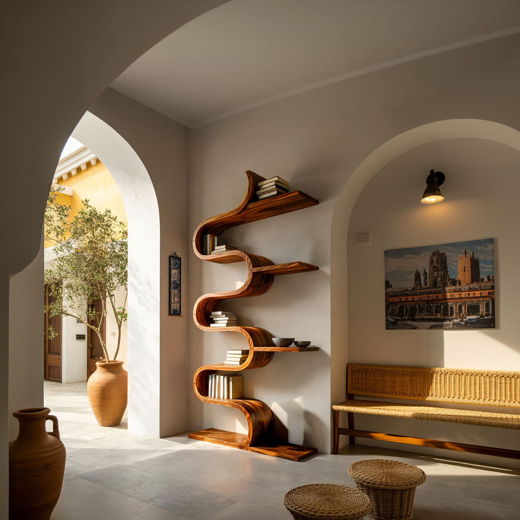 Modern Sculptural Wooden Wave Bookshelf For Living Space Kitchnce