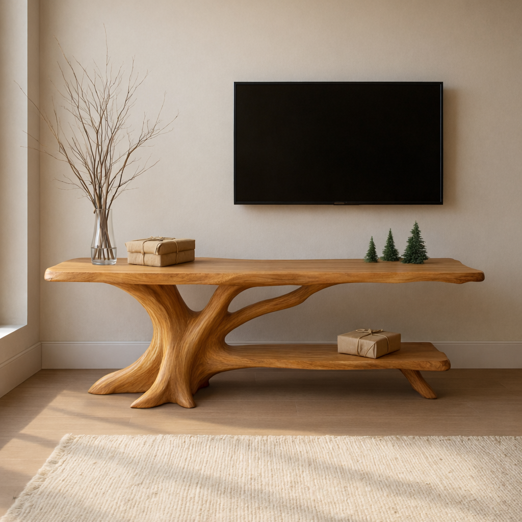 Live Edge Solid Wood TV Stand with Sculptural Base – Modern Wooden Media Console