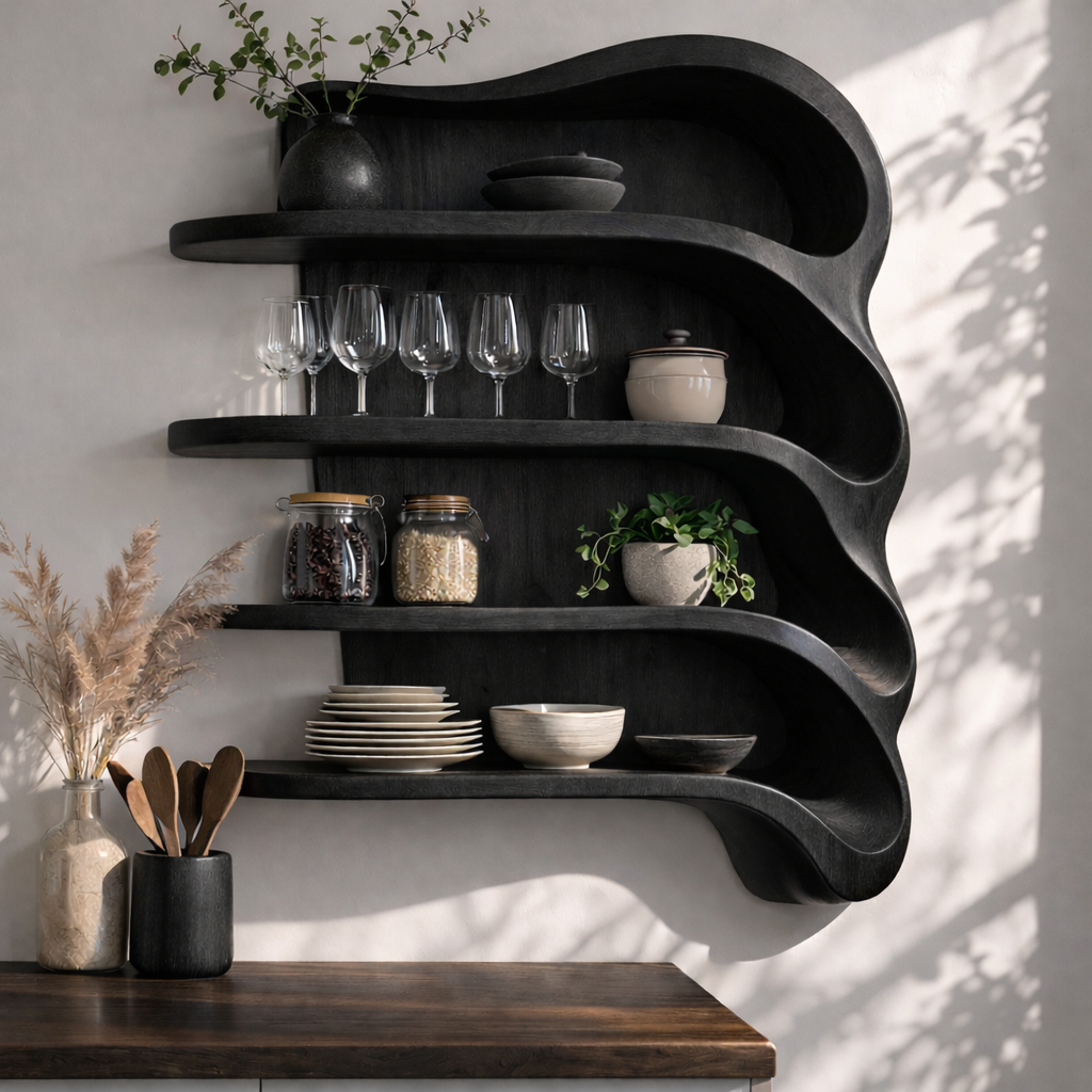 Solid Wood Curved Kitchen Cabinet Shelf – Organic Floating Wall Storage Rack
