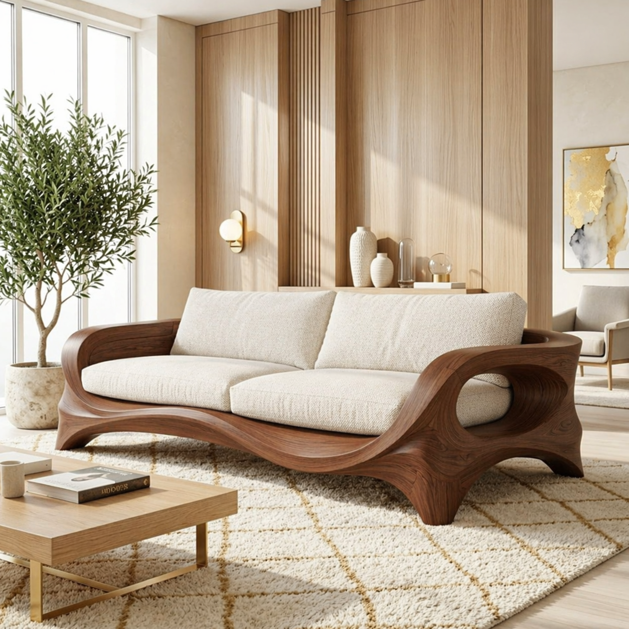 Modern Sculptural Curved Sofa, Organic Minimalist Statement Living Room Furniture