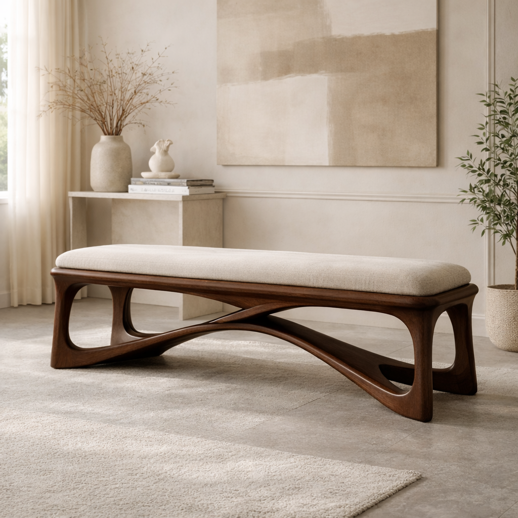 Modern Upholstered Wooden Entryway Bench, Sculptural Hallway Seating for Luxury Homes