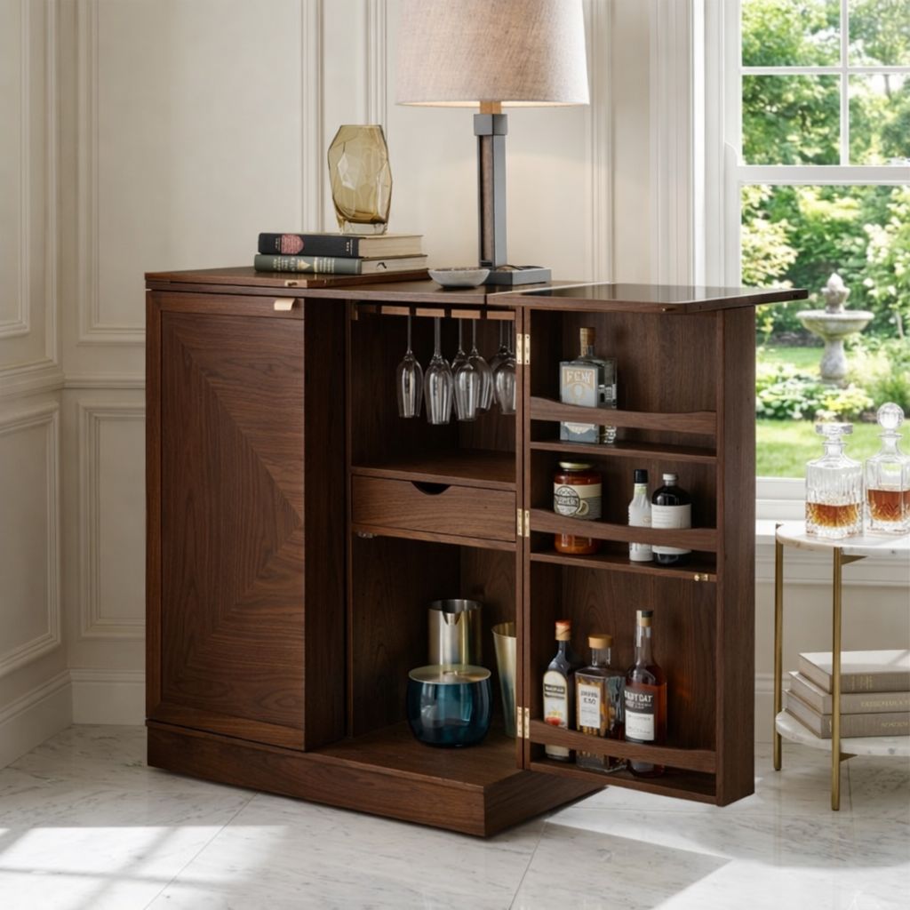 Contemporary Wooden Bar Cabinet, Fold-Out Entertaining Console with Glassware Storage