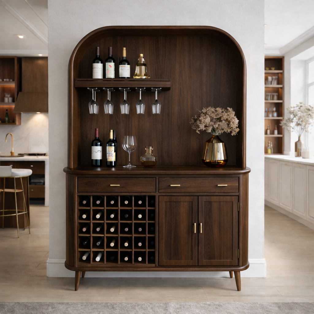 Solid Wood Bar Cabinet with Wine Rack and Curved Open Shelf Storage