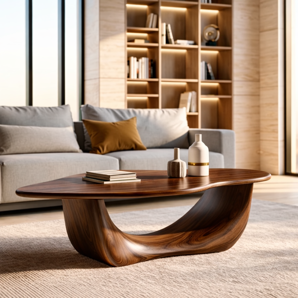 Organic Sculptural Coffee Table with Curved Base, Modern Living Room Centerpiece