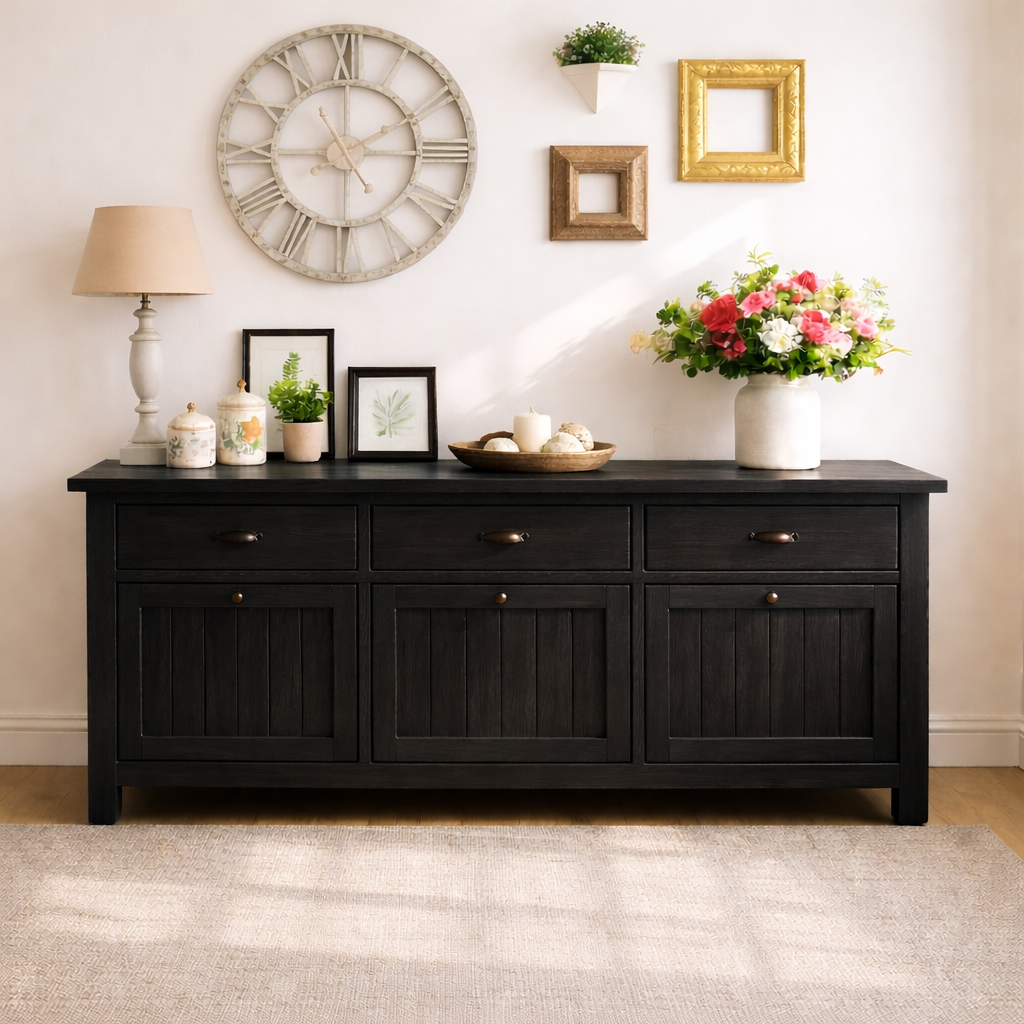 Solid Wood Sideboard Console Table with Drawers and Cabinet, Farmhouse Wood Buffet Storage Cabinet Kitchnce