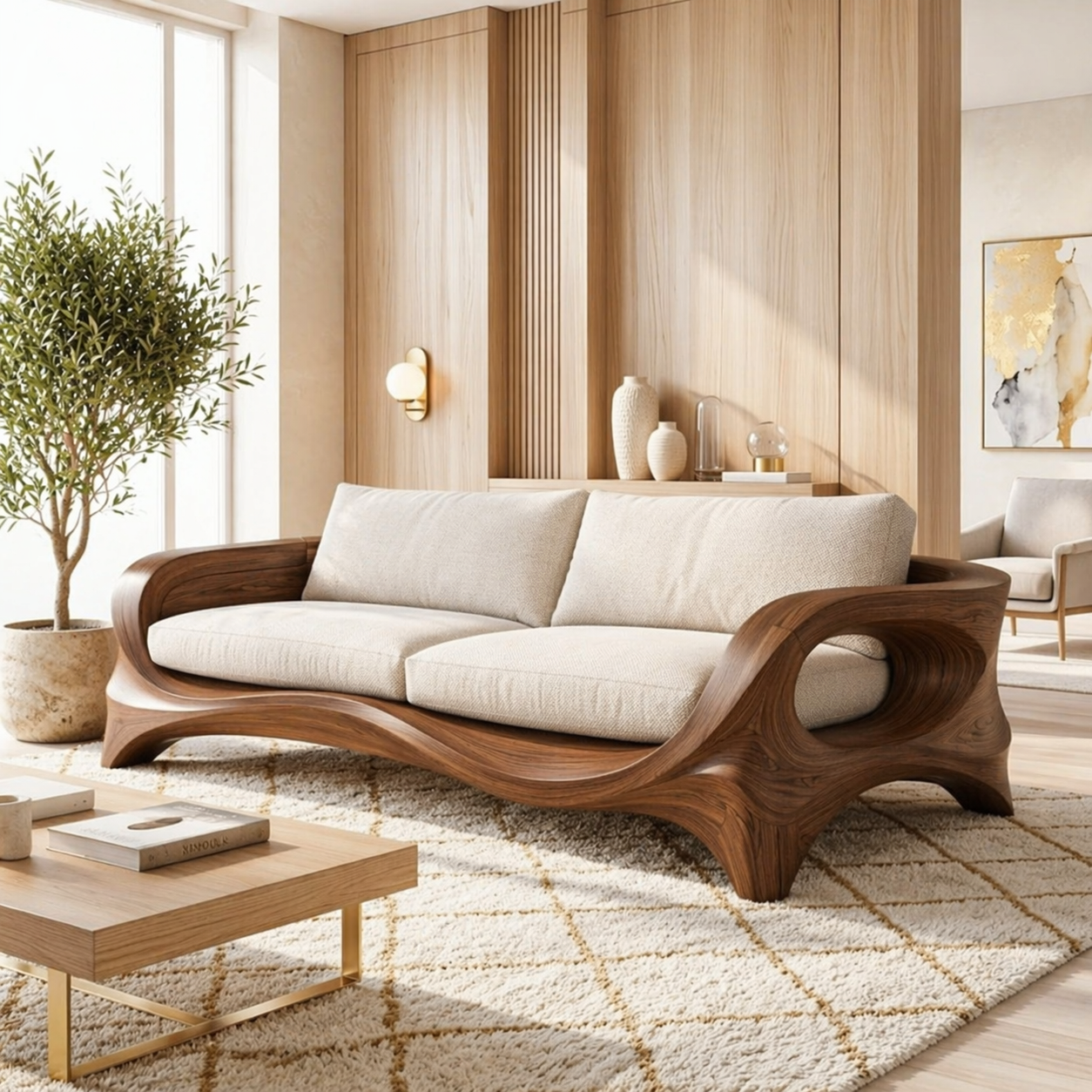 Modern Sculptural Curved Sofa, Organic Minimalist Statement Living Room Furniture