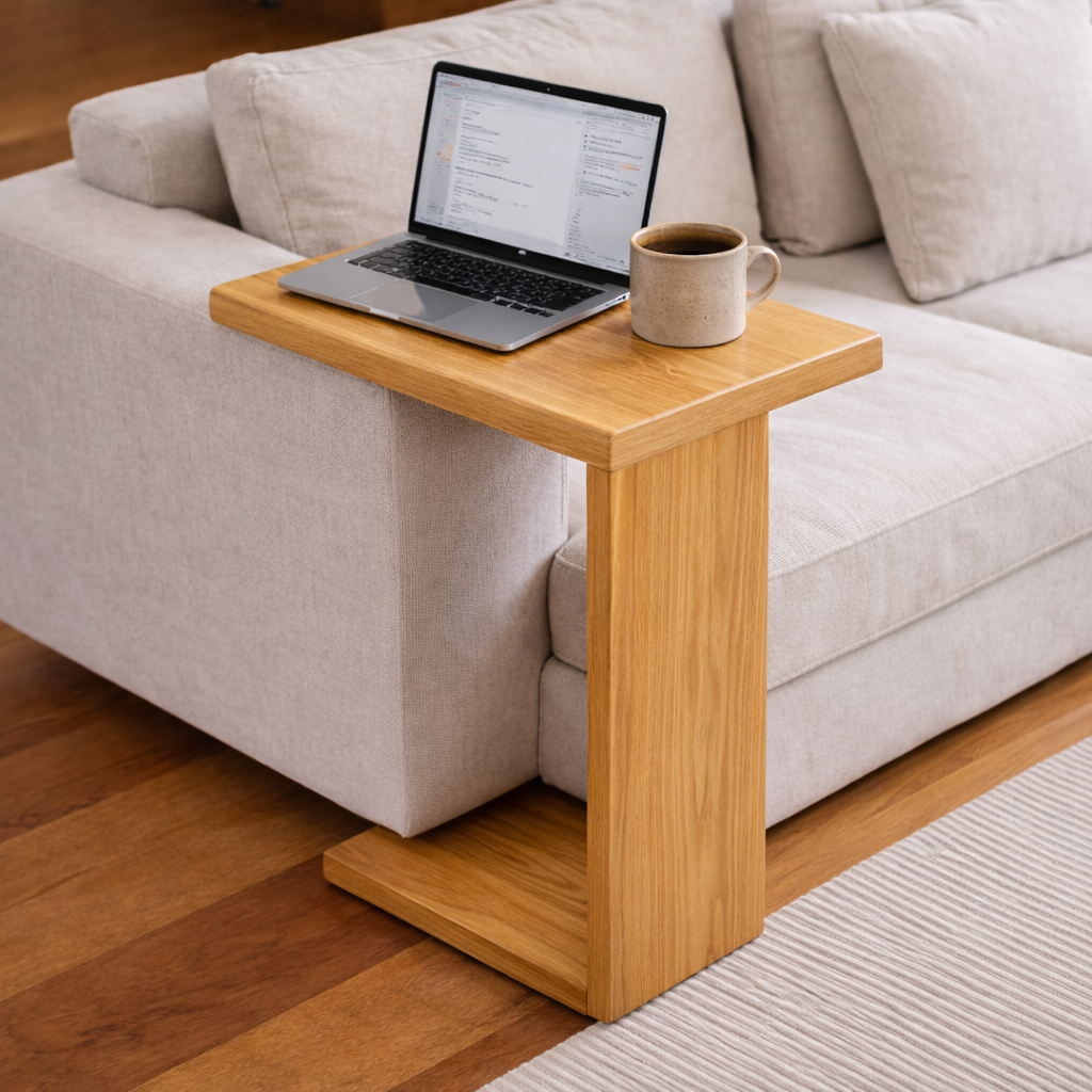 Solid Wood Sofa Armrest Table – C-Shaped Couch Arm Tray Laptop Side Table