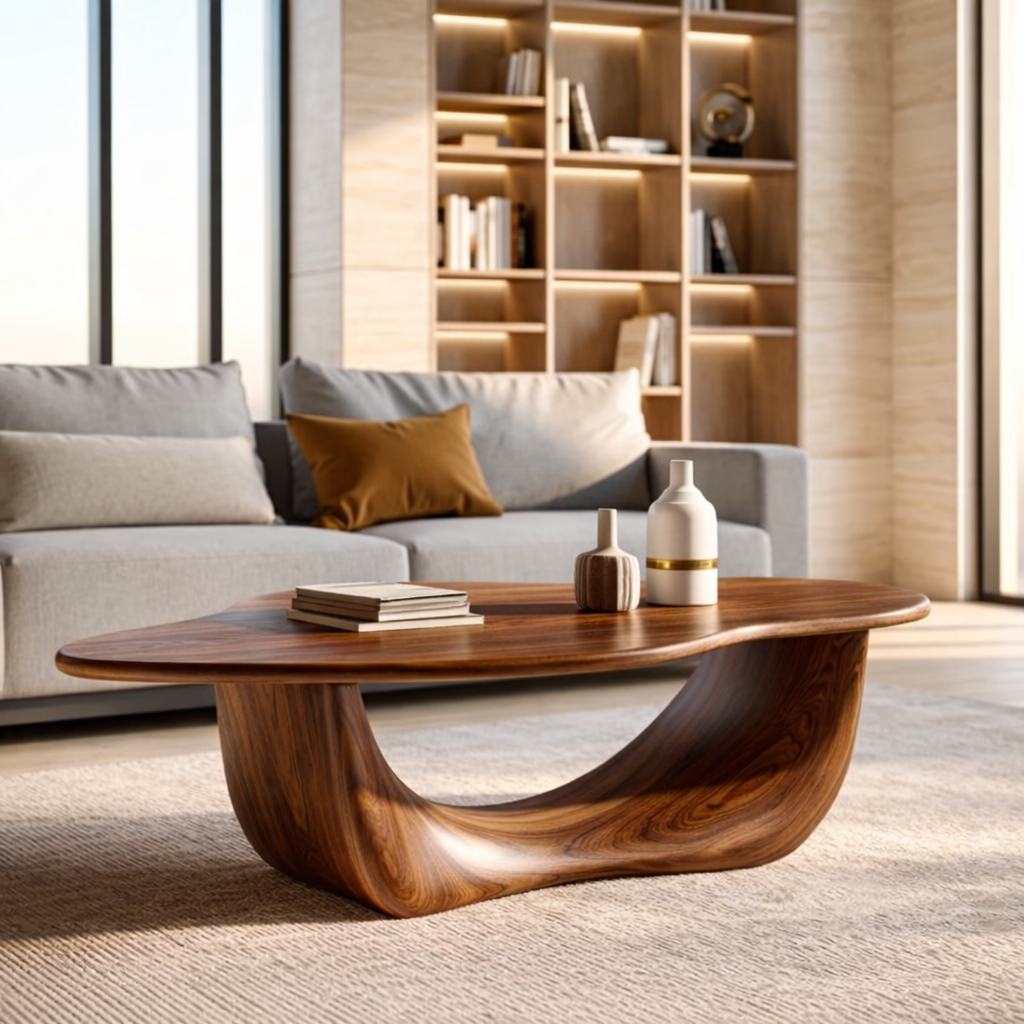Organic Sculptural Coffee Table with Curved Base, Modern Living Room Centerpiece
