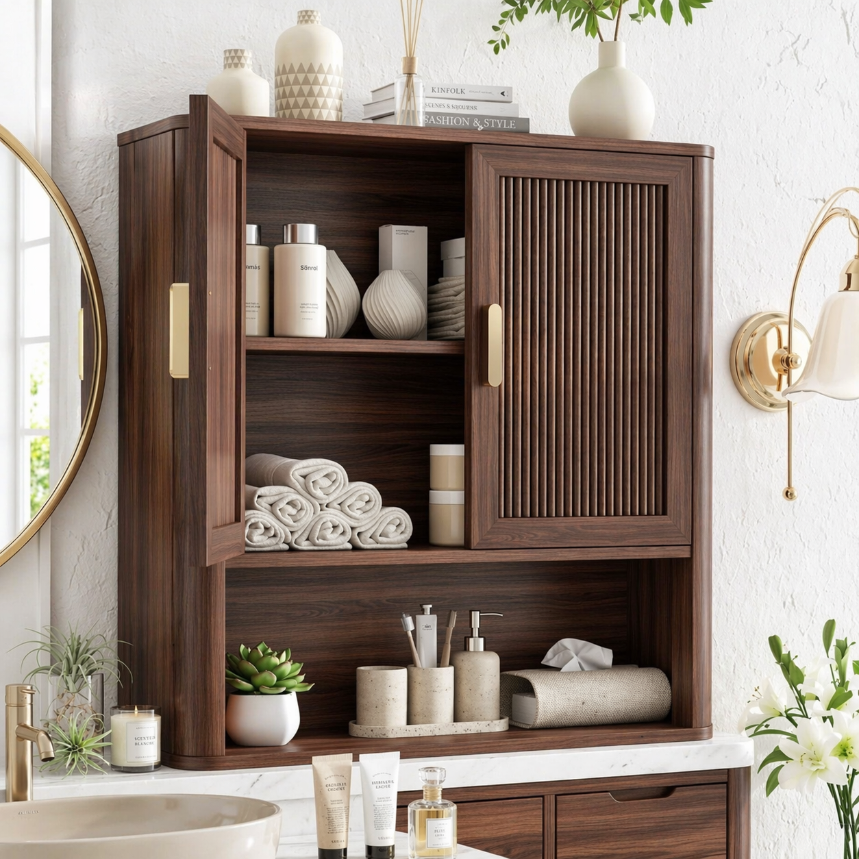 Floating Bathroom Cabinet, Modern Fluted Wall Mounted Vanity Storage Organizer Unit